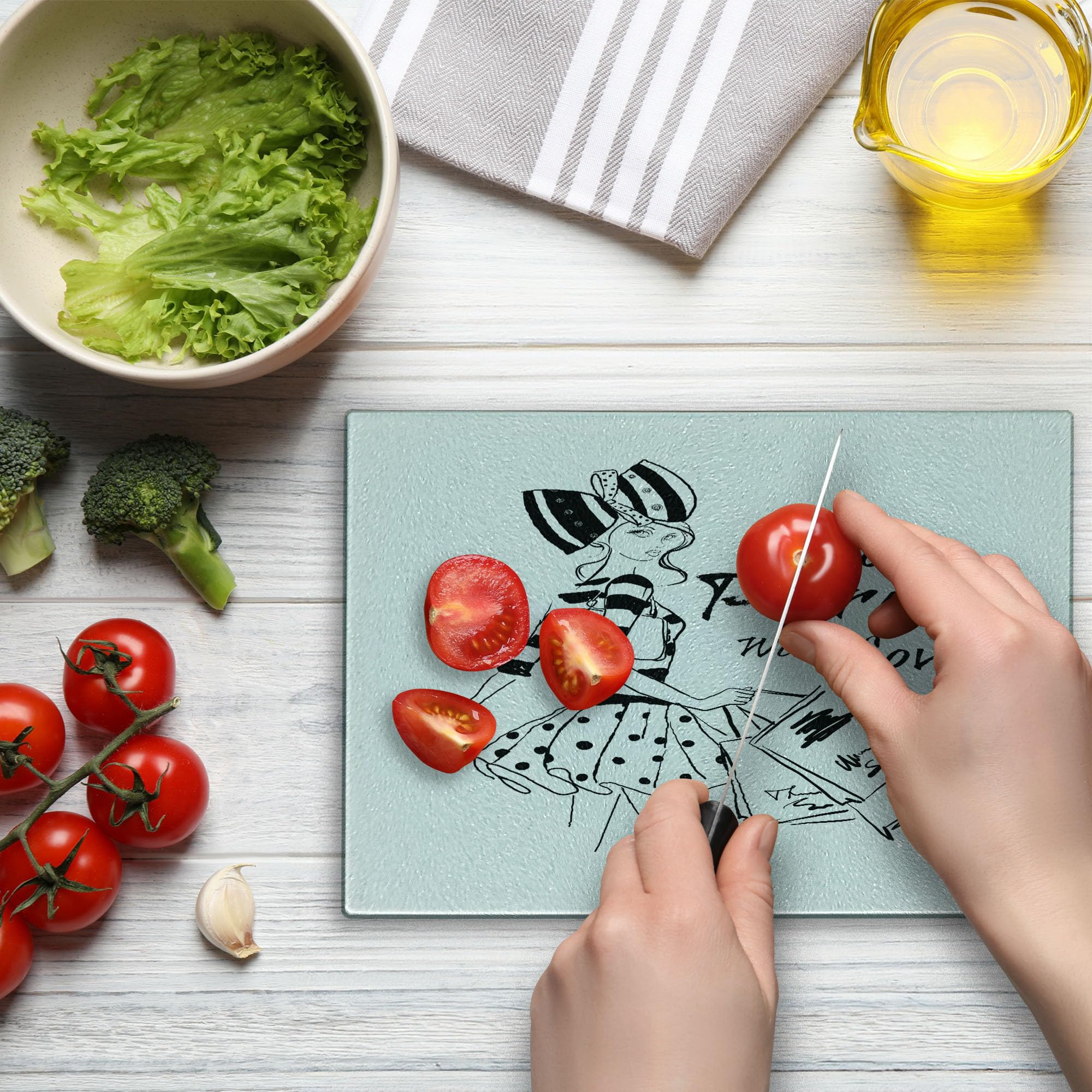 Ambesonne Paris Themed Glass Cutting Board - Hand Drawn Fashion Girl with Polka Dot Skirt Design - Small Black & White Tempered Glass Serving Board for Kitchen, Dining & Gift Giving