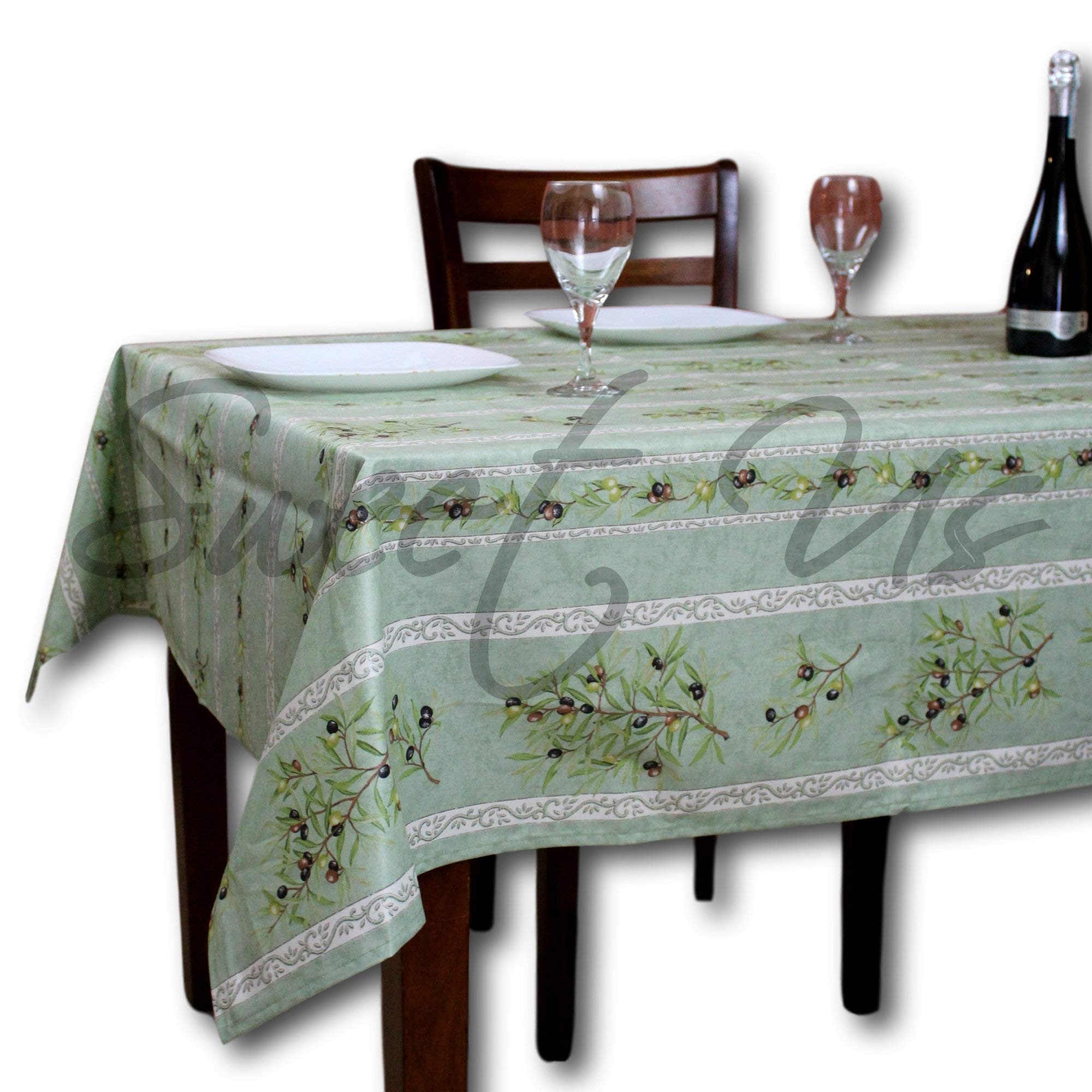 La Cigale Oliviere Spill-Resistant Wipeable Tablecloth - Acrylic Coated Floral Cotton French Provencal Design for Rectangle Tables (60 x 98 Inches, Green) | Perfect for Indoor Dining, Outdoor Picnics & Kitchen Decor