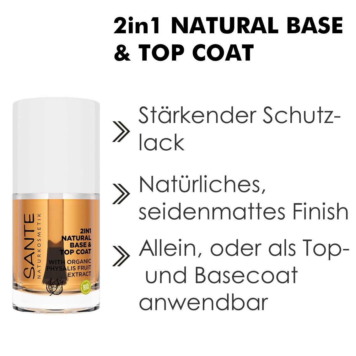 SANTE Naturkosmetik 2-in-1 Natural Base & Top Coat Nail Polish - Organic Fruit Extract, Vegan, 10ml - Perfect for At-Home Manicures & Nail Care