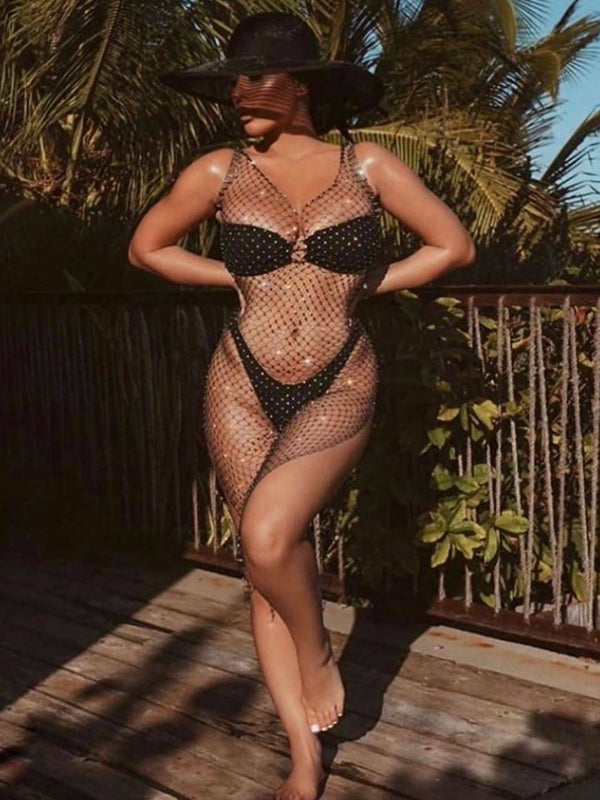 ZASUWA Women's Sexy Diamond Mesh Beach Dress - Stylish Swimwear Cover Up for Pool, Vacation & Summer Outfits
