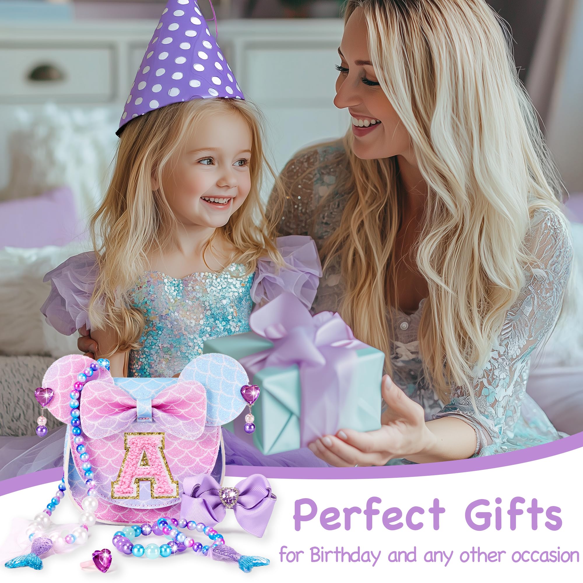**Adorable Mermaid Toddler Purse Set for Girls Age 3-8 - Princess Dress Up Jewelry & Mini Mouse Ears - Perfect Birthday Gift for Little Girls (Mermaid Purple) - Ideal for Birthday Parties, Dress Up Play & Pretend Play**