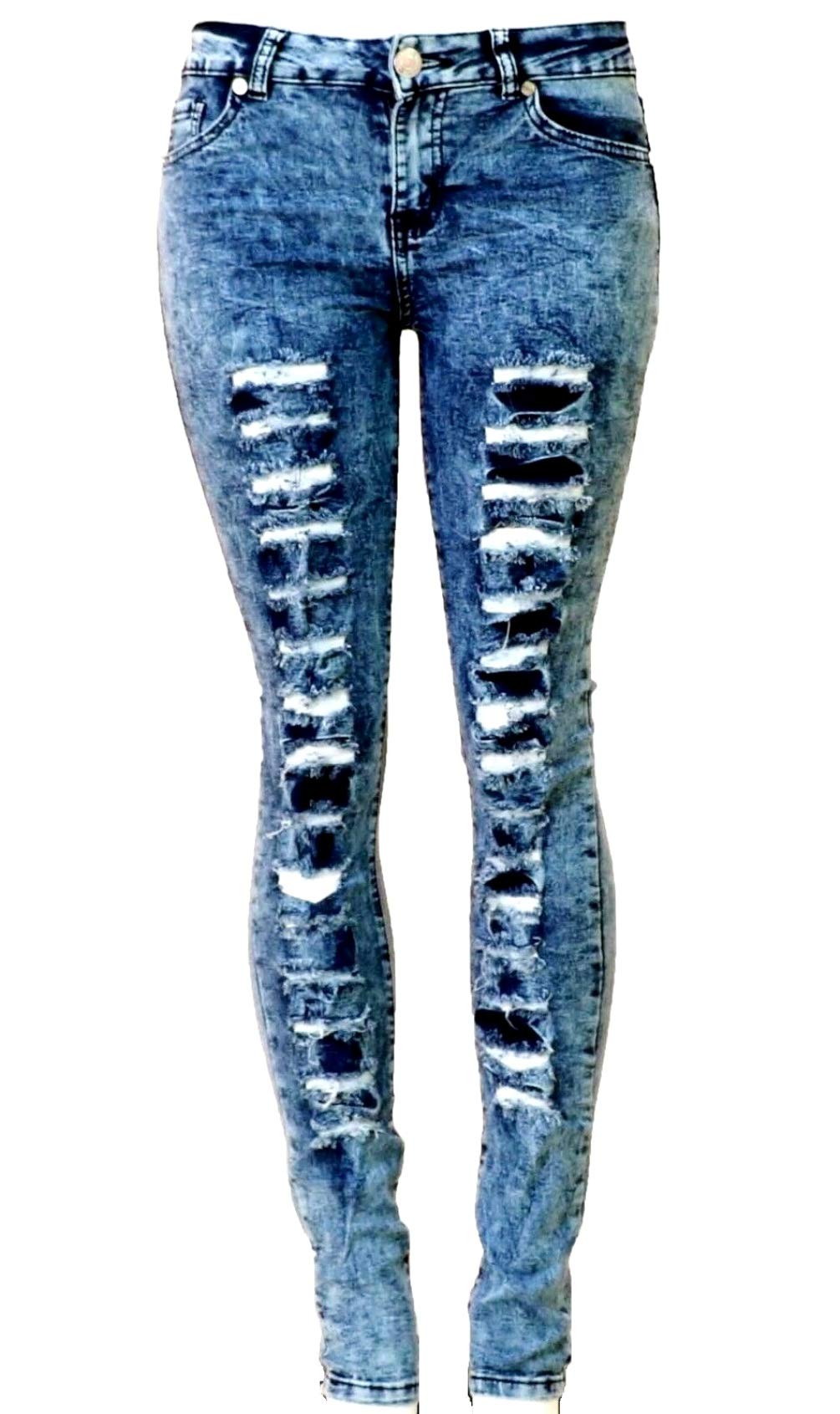 Women's Acid Blue Distressed Skinny Jeans - Mid Rise Stretch Ripped Denim Pants | Casual Wear, Street Style, Night Out Fashion