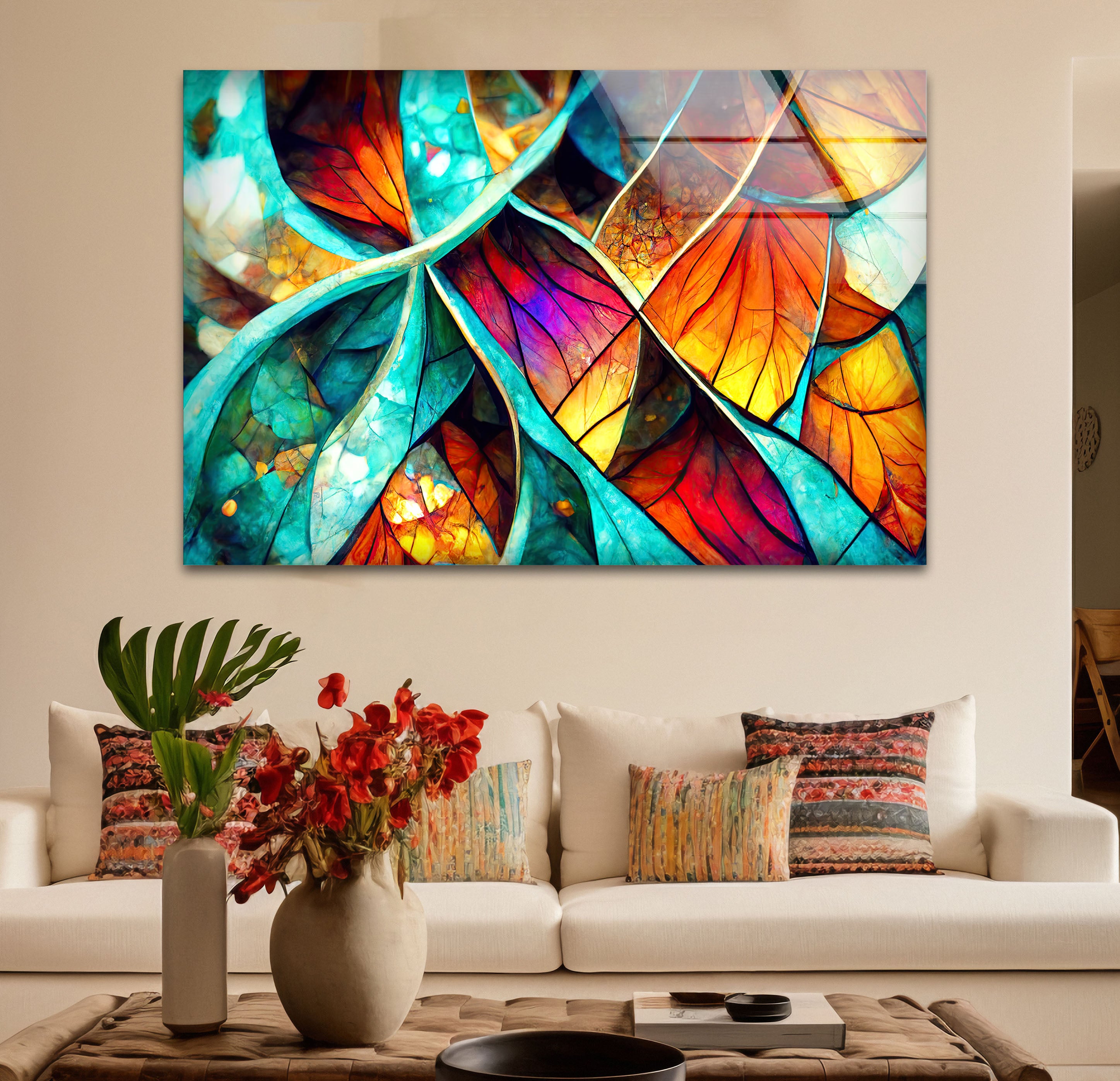 Abstract Stained Glass Leaf Wall Art - Vibrant Nature-Inspired Panel for Modern Home Decor | Perfect for Living Room, Bedroom & Office Decoration
