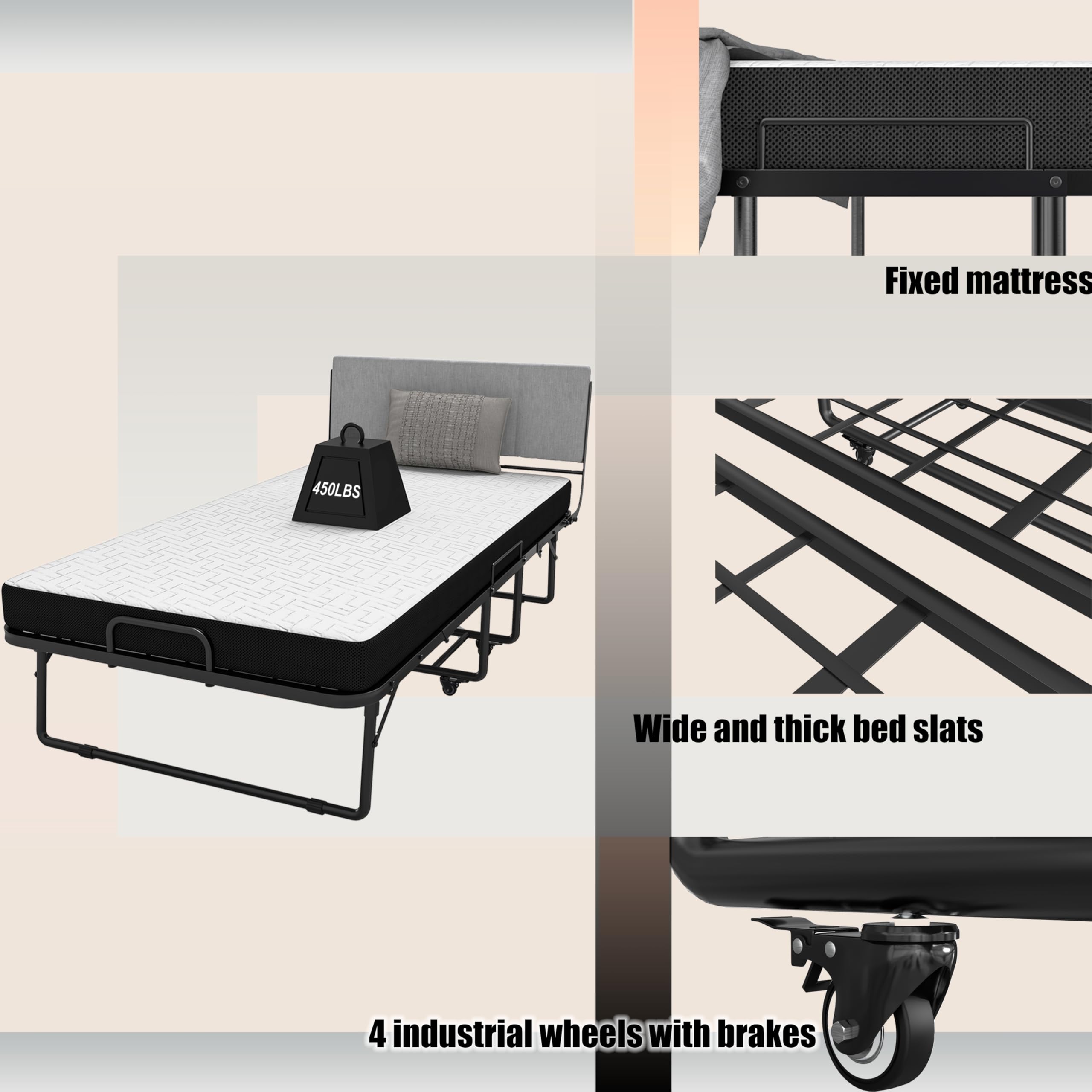 75 x 39 Inch Folding Bed with Headboard - Twin Size Portable Bed Frame with 5