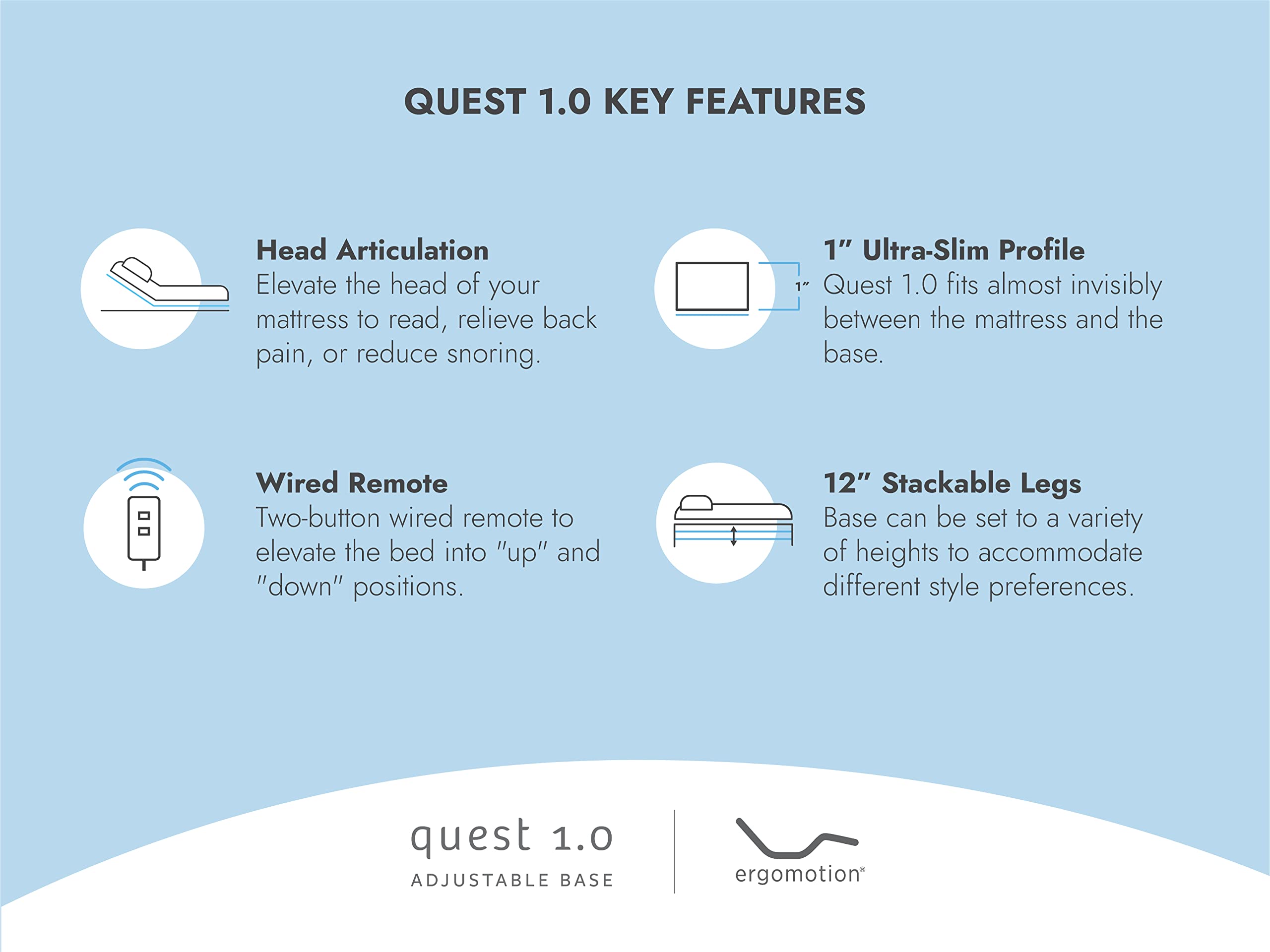 Quest 1.0 Adjustable Bed Frame Twin XL - Slim Profile Adjustable Bed Base with Head Articulation & Wireless Remote - Fits Most Mattresses - Perfect for Reading, Watching TV & Zero Gravity Sleep