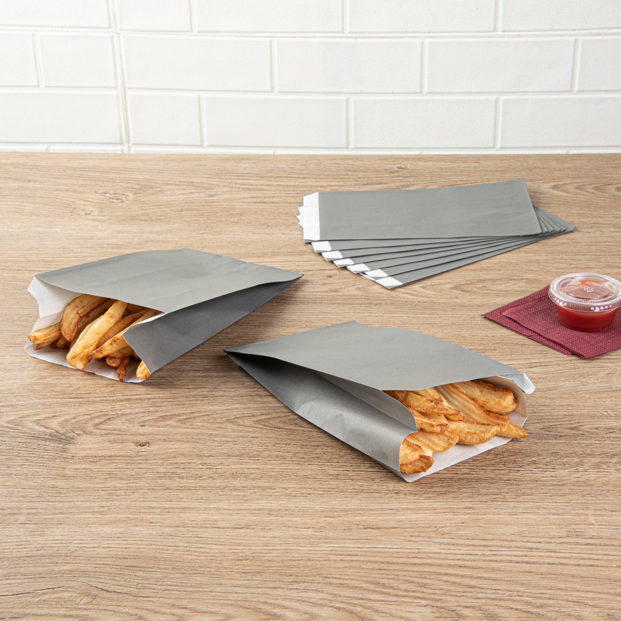 Eco-Friendly Gray Paper French Fry & Snack Bags - 5 x 3 x 8 3/4 Inches (100 Count) - Perfect for Restaurants, Food Trucks & Party Snacks