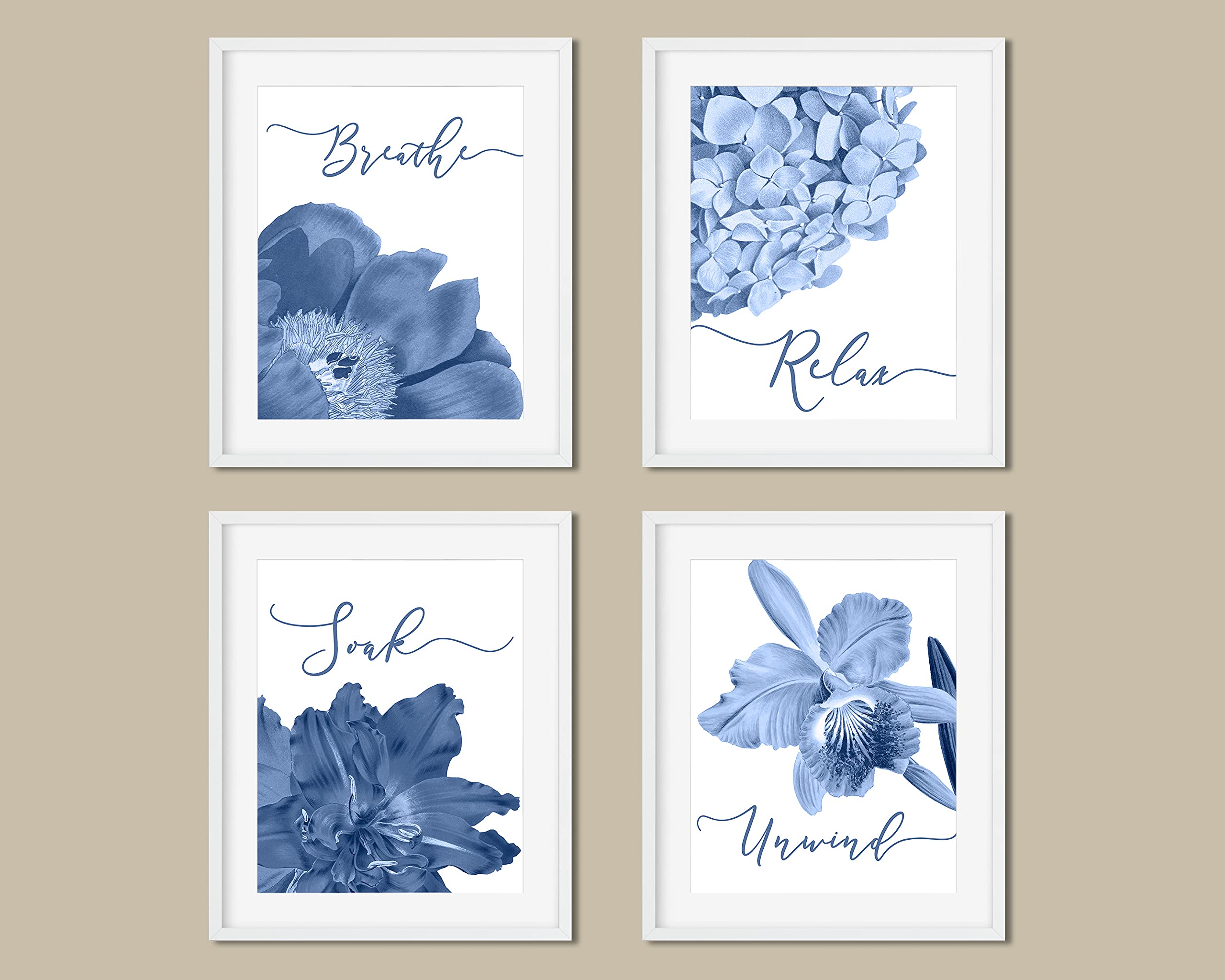 Blue Floral Bathroom Wall Art Set of 4 - 8x10 Unframed Boho Farmhouse Prints for Relaxation | Perfect for Spa Decor, Guest Bathroom, and Home Wellness Spaces (Blue Gray Flowers)