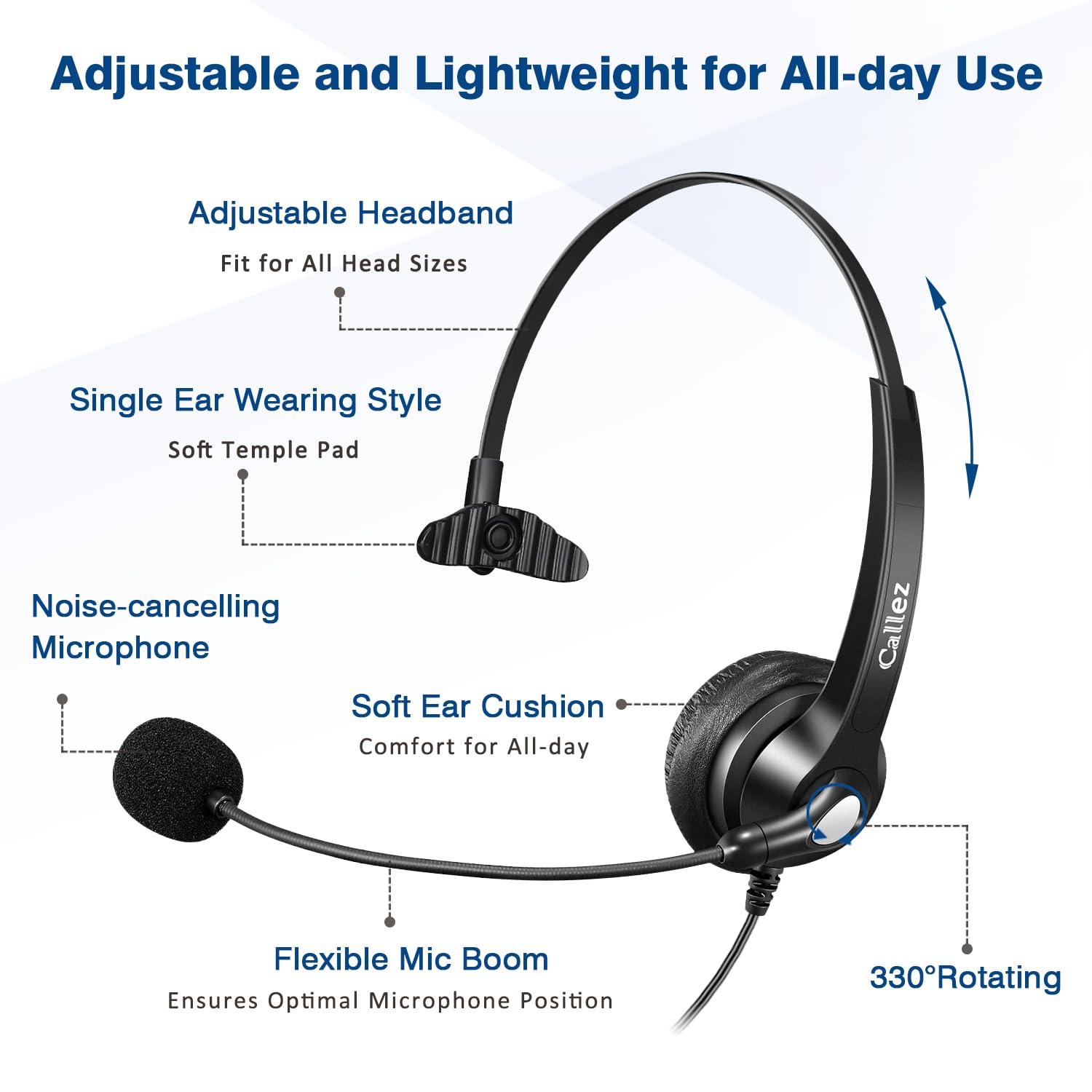 Noise Cancelling USB Headset with Microphone for PC - Wideband Business Headphones with Audio Controls for Skype/Lync/Call Centers (Ultra Comfortable & Lightweight) - Perfect for Office, Remote Work & Online Meetings