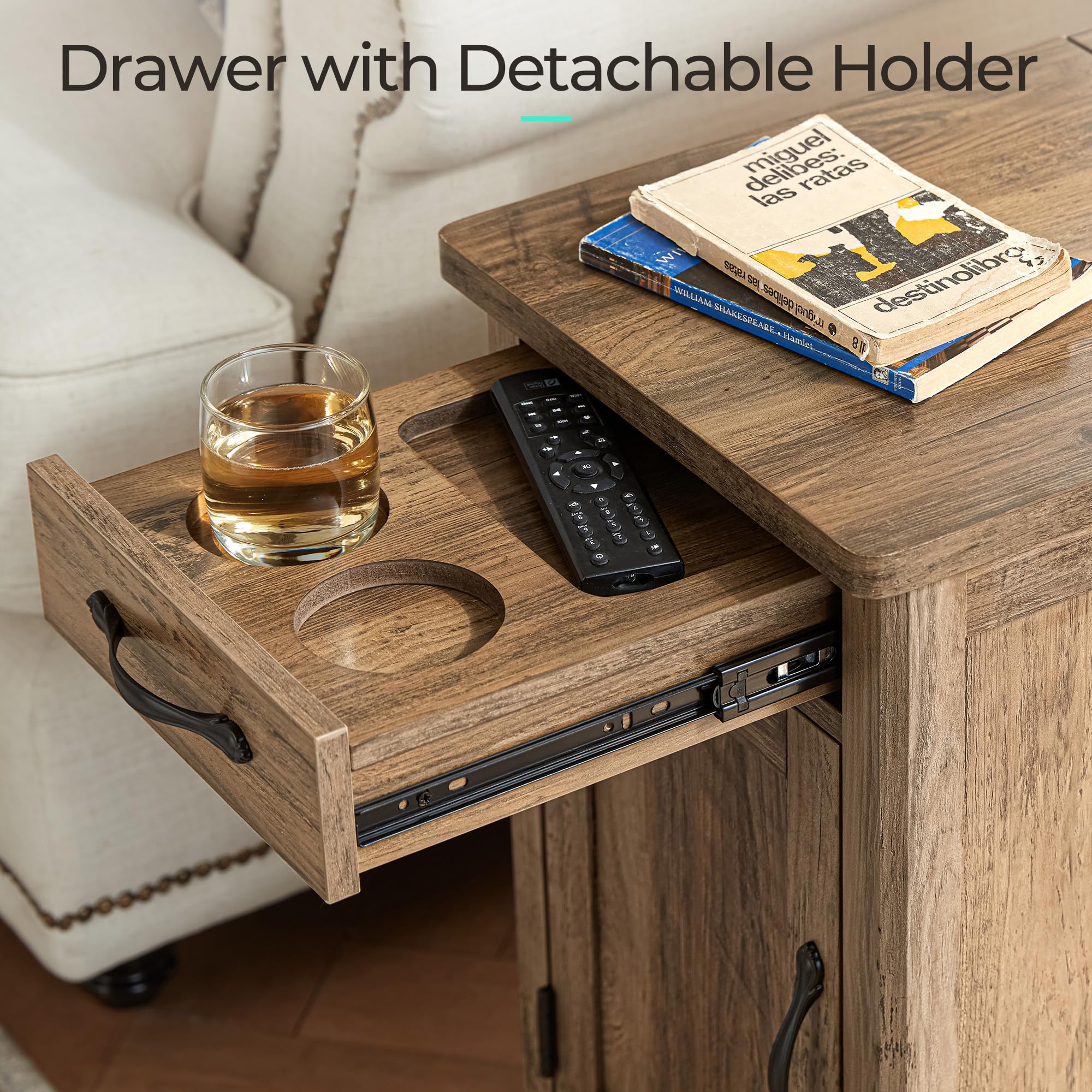 Farmhouse End Table with USB Charging Station - Narrow Side Table with Drawer & Storage Cabinet for Living Room, Bedroom, Home Office - Rustic Nightstand for Sofa, Couch or Office Desk - Perfect for Small Spaces & Device Charging