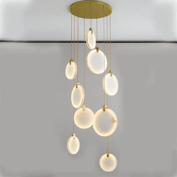 Queenie Alabaster Disc Long Round Chandelier - Modern Ceiling Light Fixture for Loft, Dining Room & Bedroom | Elegant Lighting for High Ceilings & Contemporary Interiors