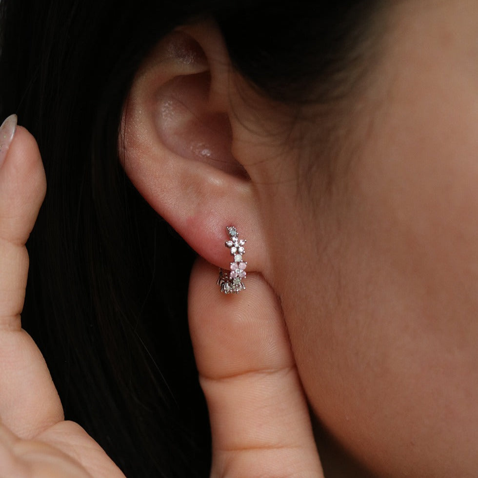 Rose Quartz Flower Semi Hoop Earrings for Women - Dainty Boho Jewelry Gift for Her - Perfect for Everyday Wear, Weddings & Special Occasions