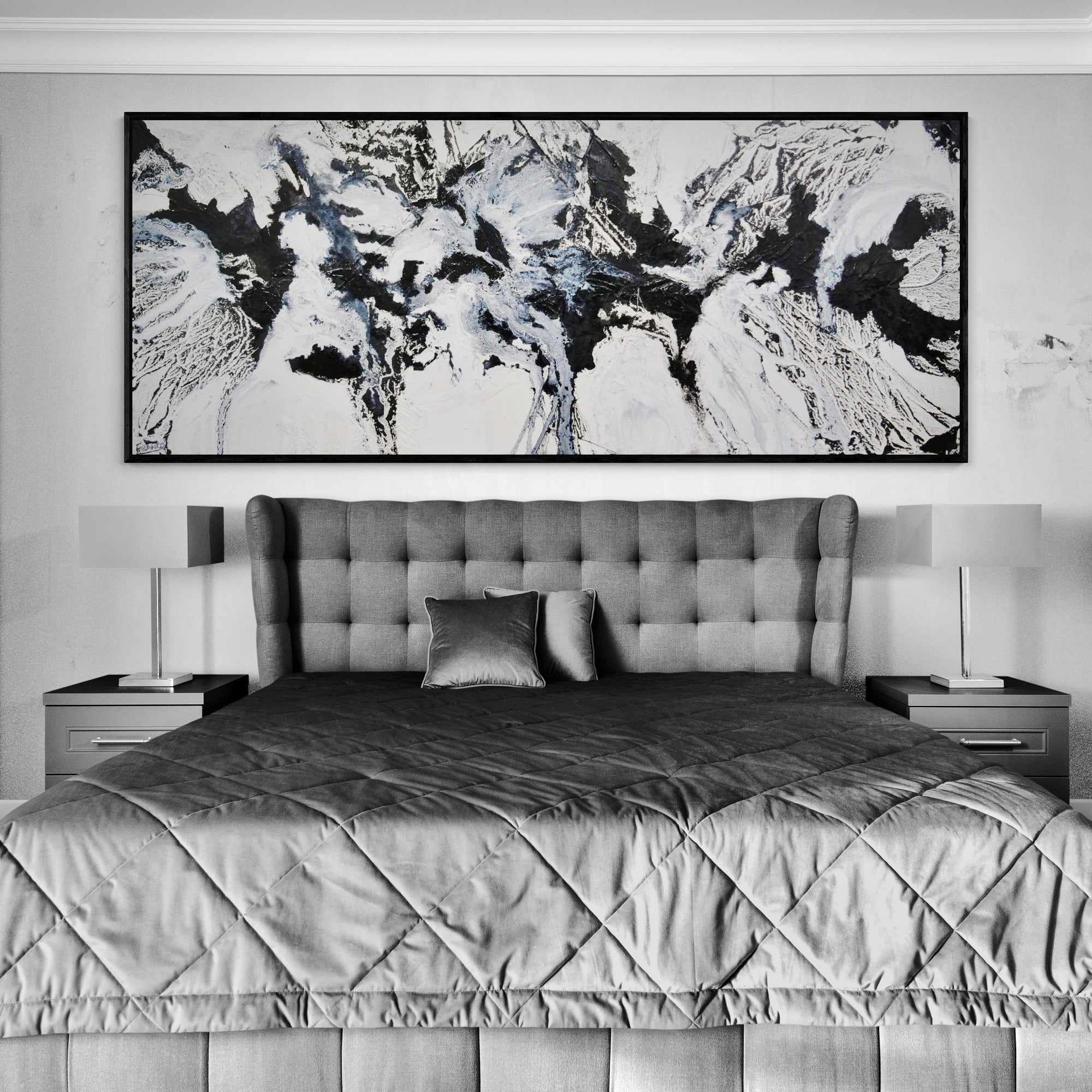 240cm x 100cm White Black Textured Abstract Iced Carbon Painting - Modern Wall Art for Living Room, Bedroom & Office Decor