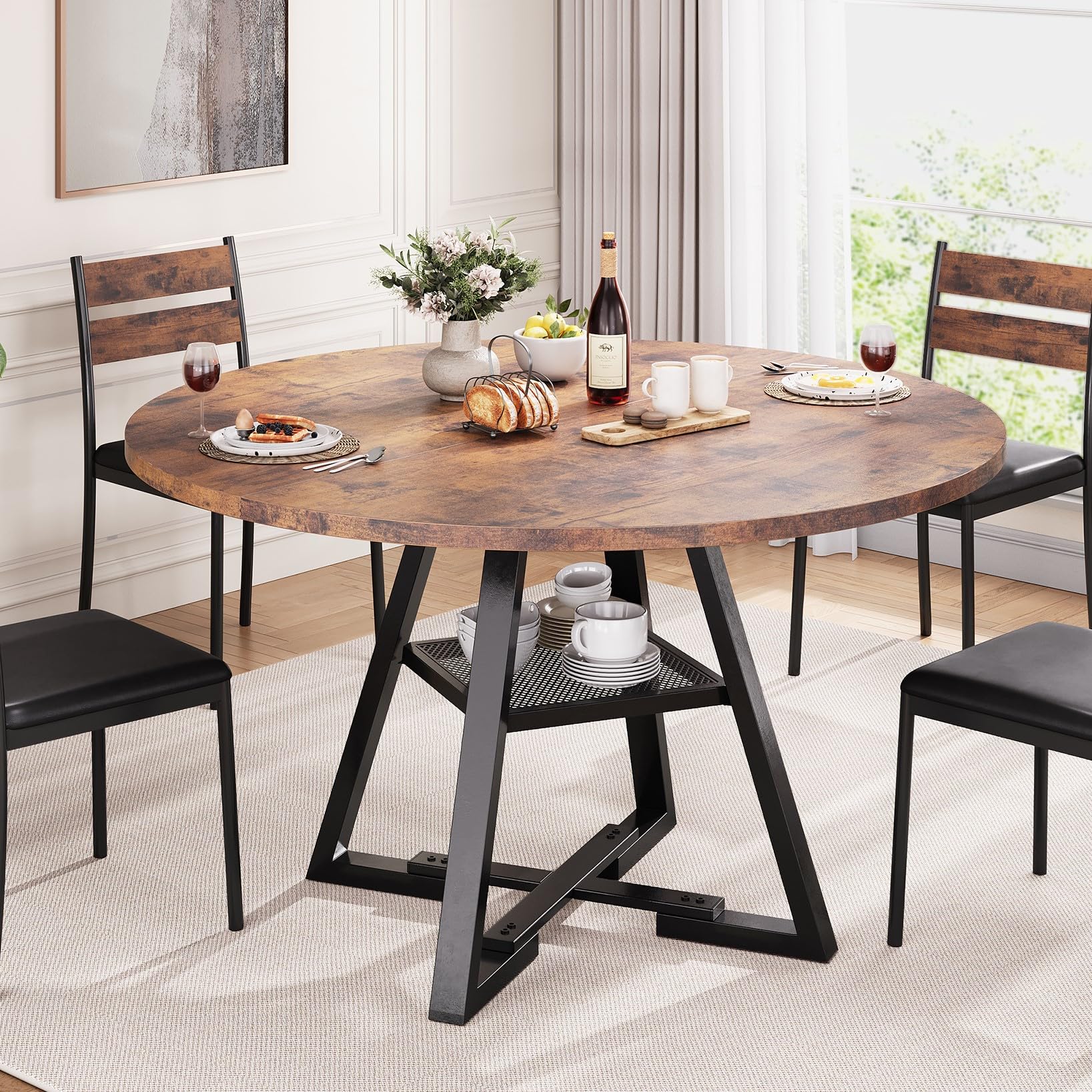 Vintage 42-Inch Round Wooden Dining Table for 4 - Space Saving Kitchen & Dining Room Pedestal Table - Perfect for Small Spaces, Breakfast Nooks, and Cozy Family Meals