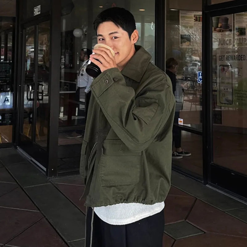 2024 Winter Men's Solid Color Lapel Jacket - Single Breasted Drawstring Coat with Pockets | American Style Versatile Outerwear for Business Casual & Outdoor Activities | Model 9C8782