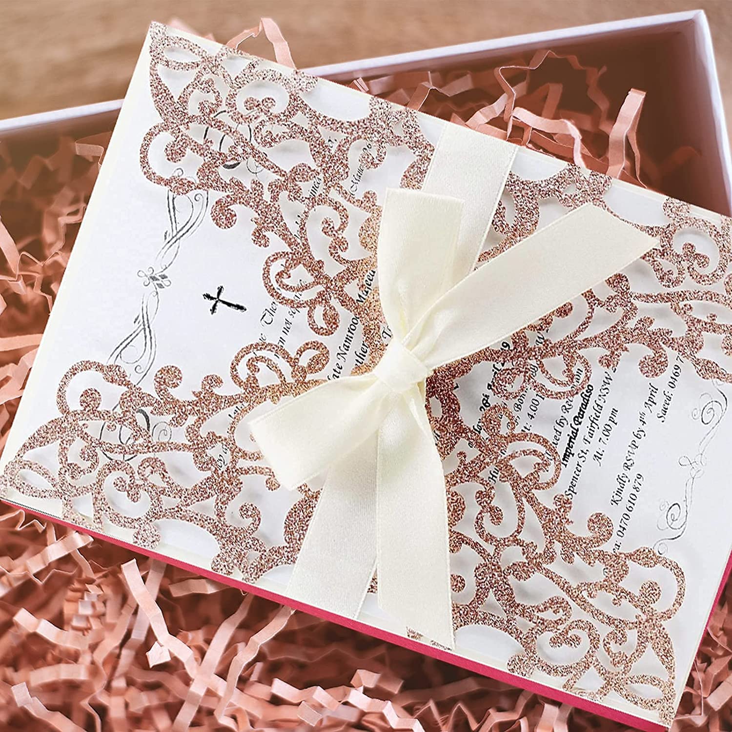 25PCS Rose Gold Wedding Invitations Set - Elegant Laser Cut Floral Design with Gold Powder, Blank Inner Sheets, Envelopes & Ribbons for Wedding, Engagement, Bridal Shower Parties | Perfect for Formal Events & DIY Invitations