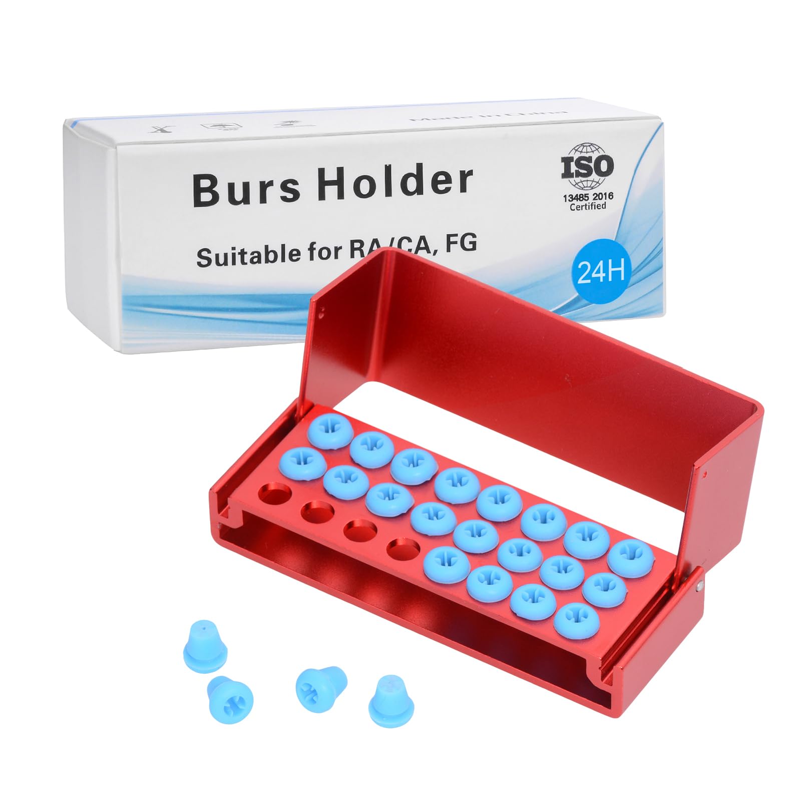 24 Holes Burs Holder Disinfection Box - Aluminum Autoclave Sterilization Case (3-Piece Set, Red) for Dental Tools & Medical Equipment Storage
