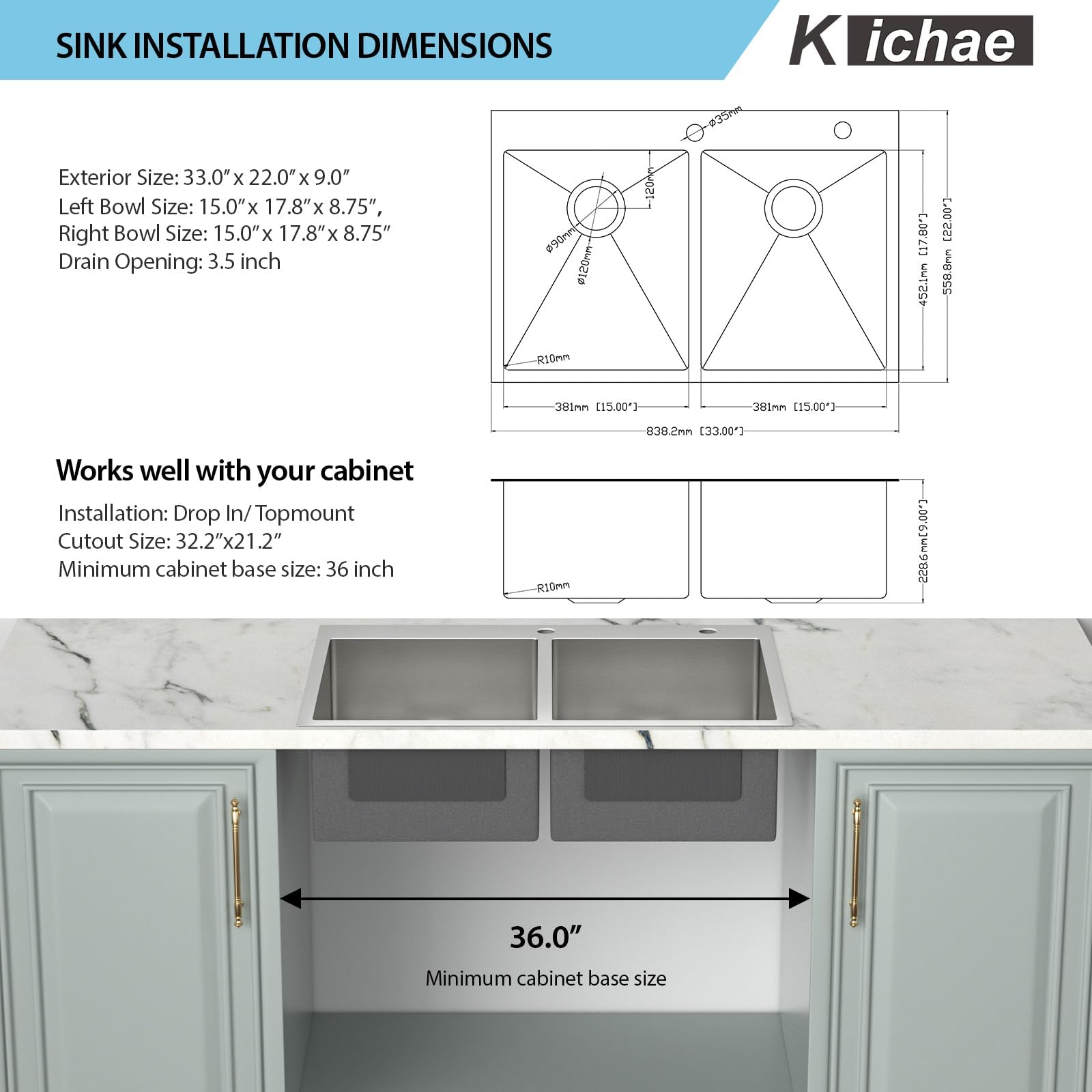33 Inch Drop-in Double Bowl Kitchen Sink - 18-Gauge Stainless Steel Topmount with Nano Gunmetal Black Finish - Includes Accessories & Dual Faucet Holes - Perfect for Modern Kitchens, Restaurants & Home Renovations
