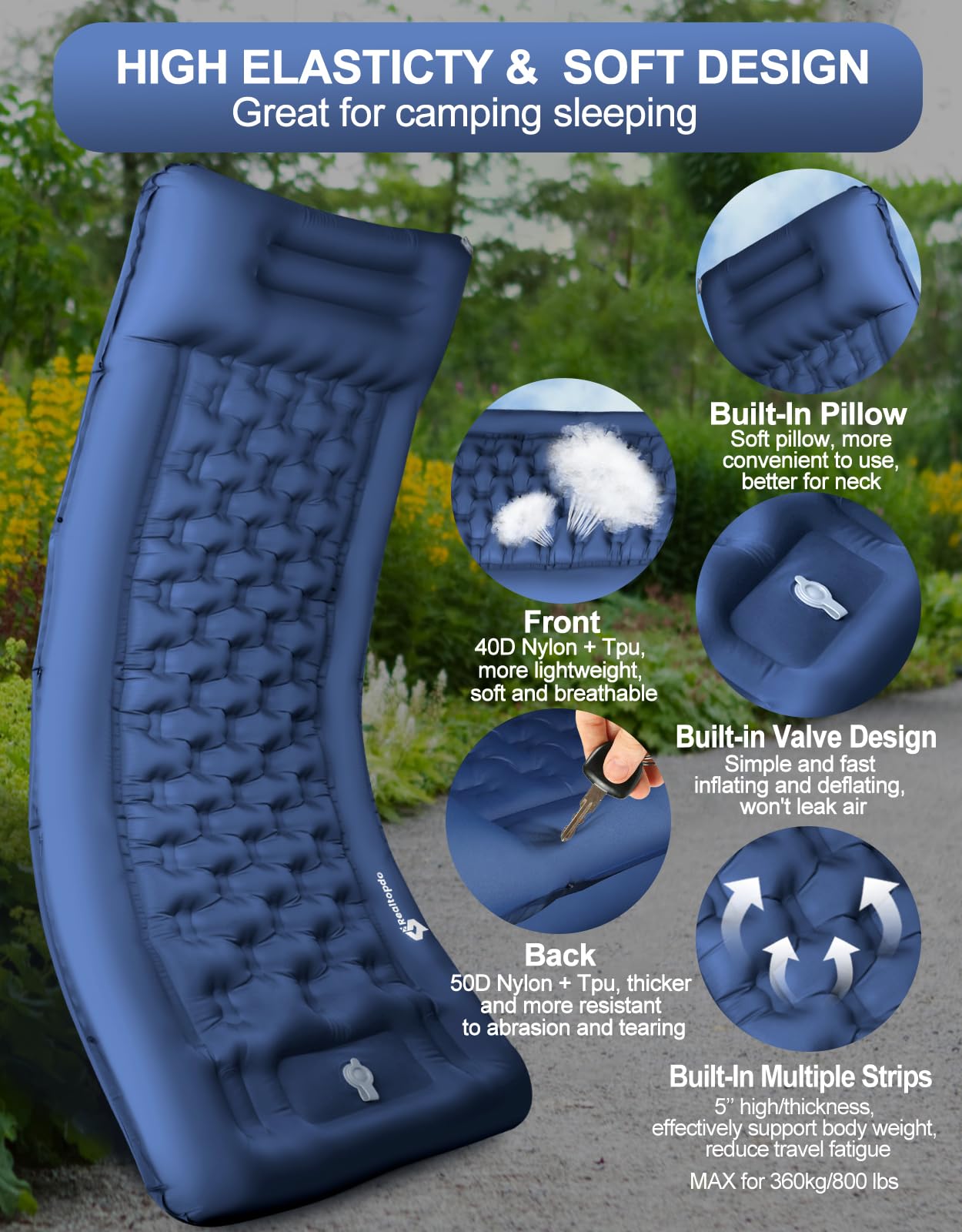 Extra Thick 5 Inch Self Inflating Camping Sleeping Pad with Pillow & Foot Pump - Lightweight Portable Mattress for Backpacking, Hiking, Travel - Perfect for Outdoor Adventures & Car Camping (Blue)