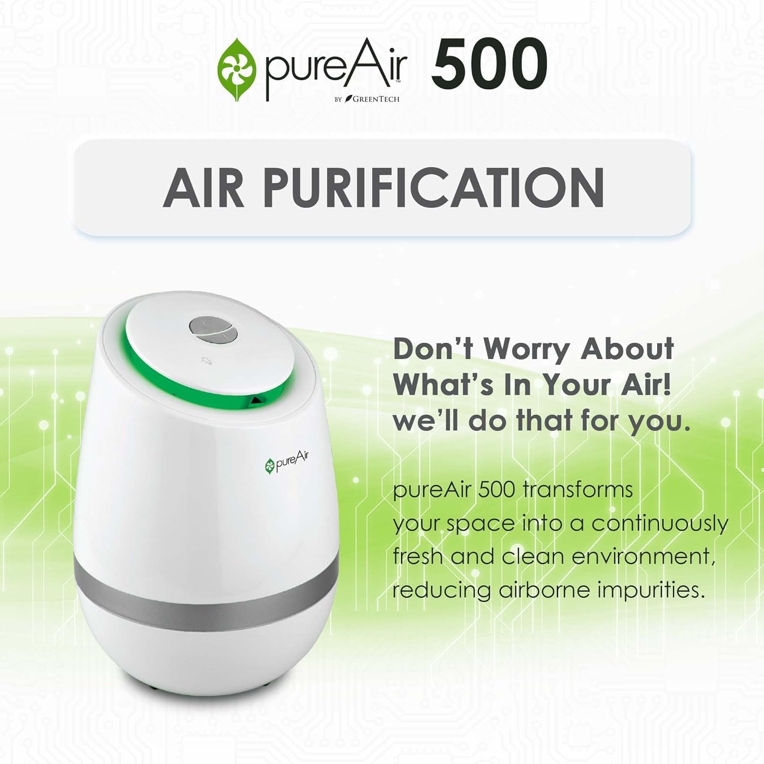 Greentech Environmental pureAir 500 - Portable Air Purifier for Home & Office | Covers 850 Sq Ft | Eliminates Odors & Allergens | Easy Setup | Perfect for Bedrooms, Living Rooms & Workspaces