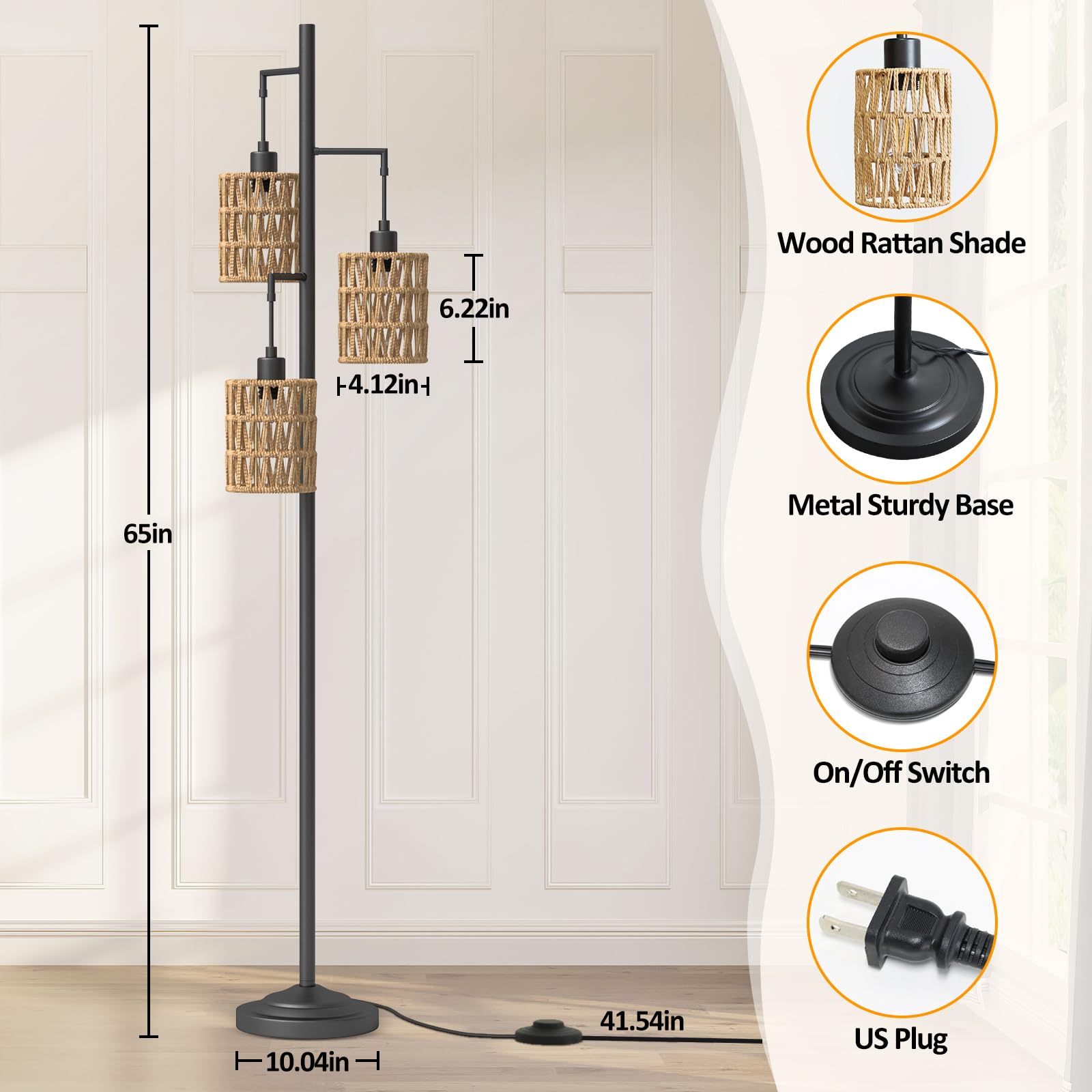 CNXIN 3-Light Boho Rattan Floor Lamp with Wood Lampshades & Foot Switch - 6W Bulbs Included - Tall Standing Tree Lamp for Living Room, Bedroom, Office - Perfect for Cozy Reading Nooks & Relaxing Spaces