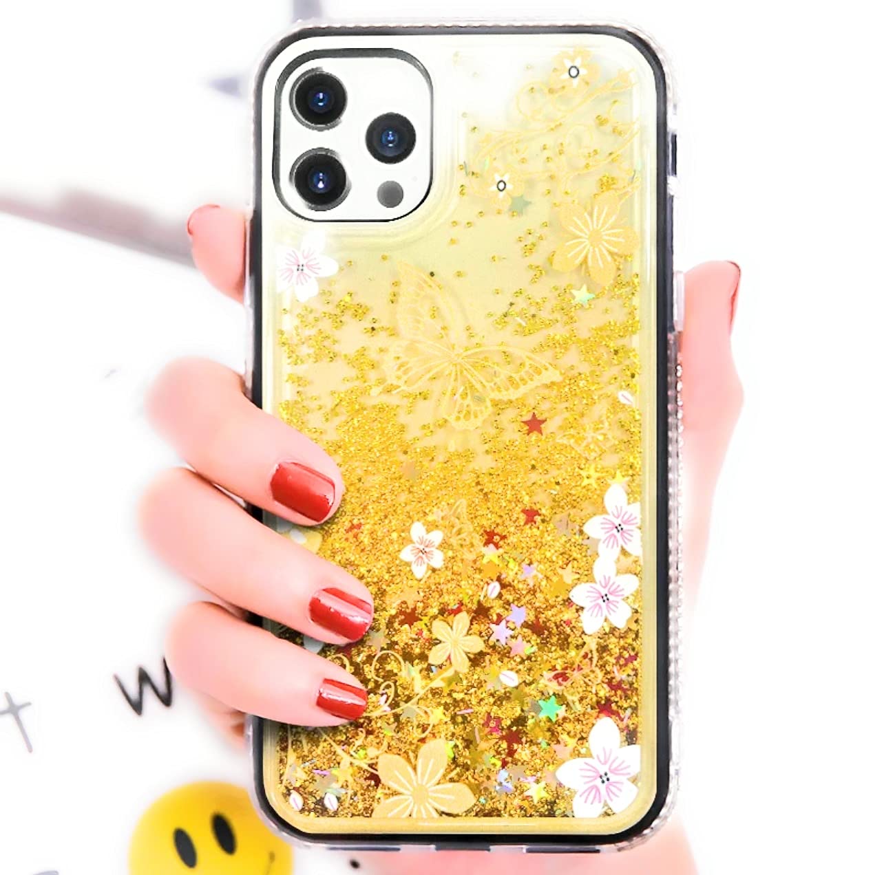 Sparkle Butterfly Glitter Liquid Case for iPhone 11 & 12 Pro Max - Bedazzled Protective Cover (Pink) | Trendy Fashion Accessory for Parties, Night Out & Everyday Glam