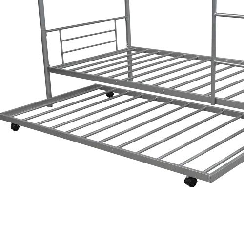 KLMM Heavy Duty Metal Twin Over Twin Bunk Bed with Trundle - Convertible to 2 Separate Beds, Guardrails & Ladder Included - No Box Spring Needed (Silver) | Space Saving Kids Bedroom Furniture for Small Rooms, Dorms & Guest Rooms