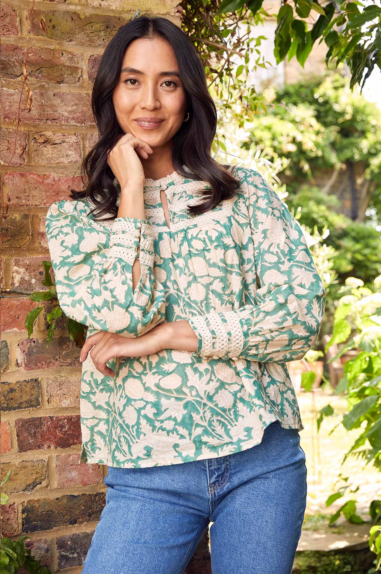 Margot Block Print Blouse - Floral Embroidered Women's Top in Tea Rose Green & Taupe | Boho Chic Shirt for Casual Wear, Office Outfits & Summer Vacation