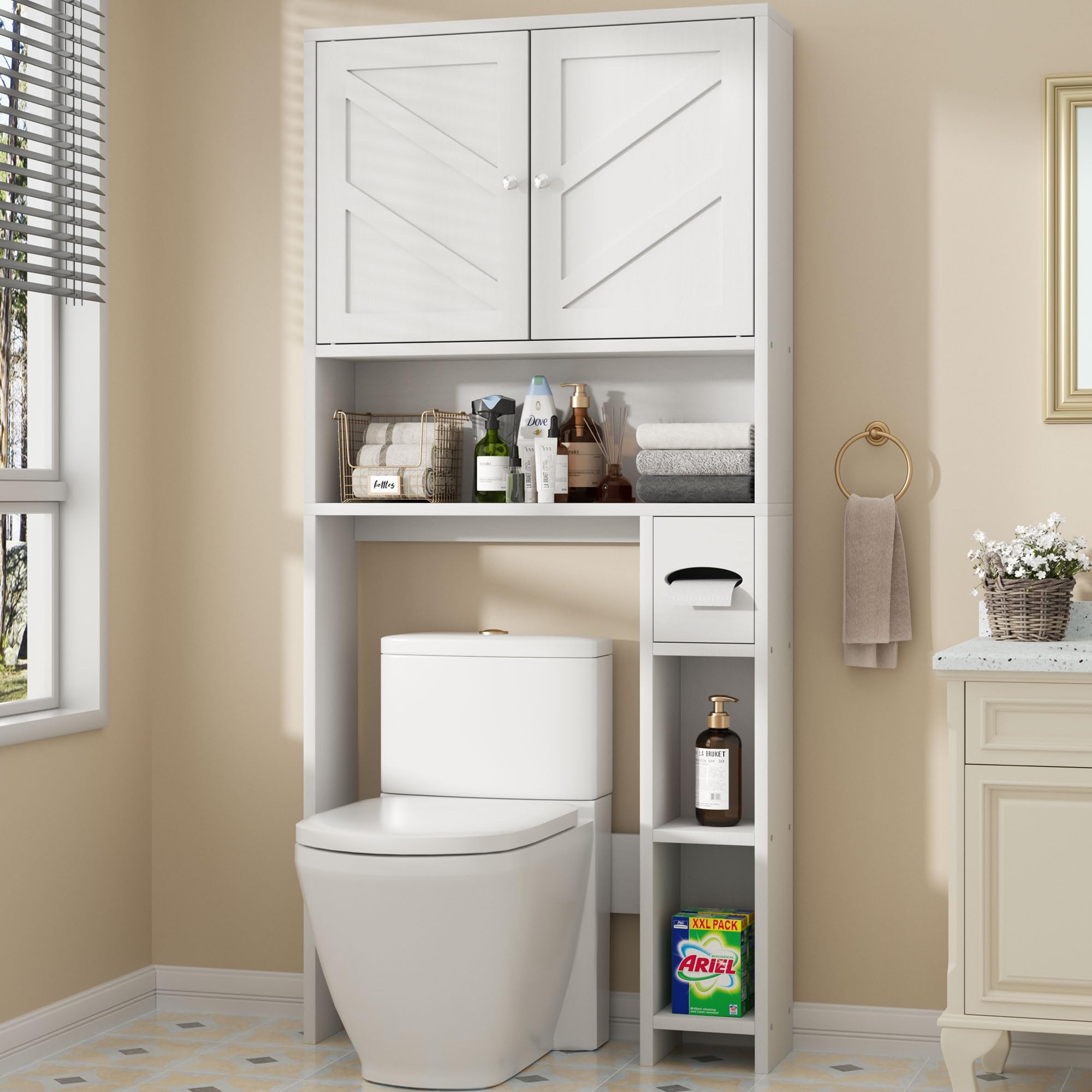Shintenchi Over The Toilet Storage Cabinet with Barn Doors - White Bathroom Organizer with Adjustable Shelves, Toilet Paper Holder & Anti-Tip Device | Perfect for Small Bathrooms, Apartment Storage & Space-Saving Solutions