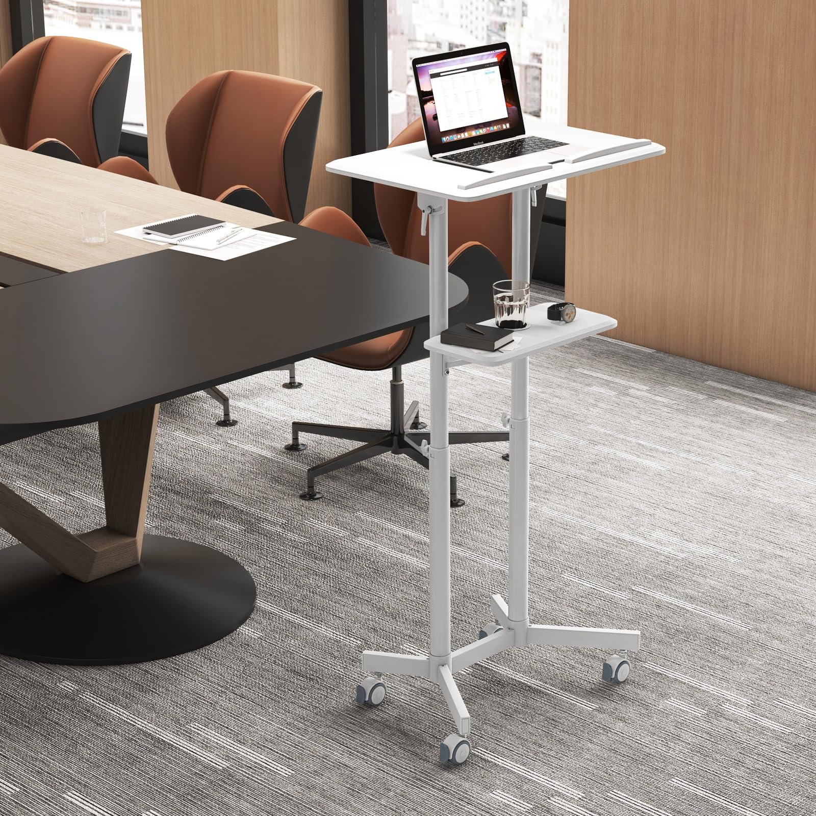 Adjustable Mobile Laptop Podium Stand with Storage Tray & Tilting Desktop - Rolling Lectern for Home Office, Classroom, Church & Presentations - White Standing Desk with Wheels for Easy Mobility