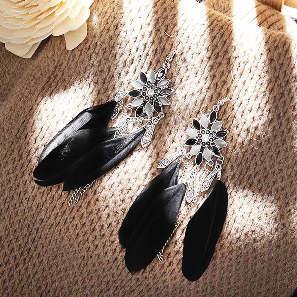 Bohemian Style Feather Earrings for Women - Silver Flower Dangle Earrings with Long Tassel Drop Hook | Perfect for Festivals, Parties & Boho Fashion Accessories