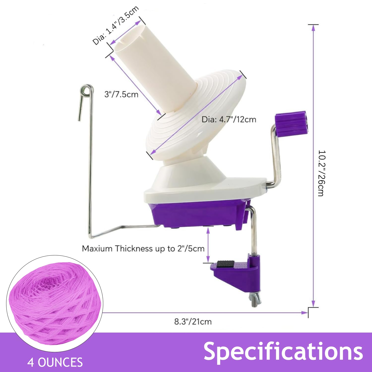 Hand Operated Yarn Ball Winder with Tabletop Clamp - Purple Knitting Yarn Winder Set for Easy Yarn Storage & Organization (22) - Perfect for Knitting, Crocheting, and DIY Craft Projects