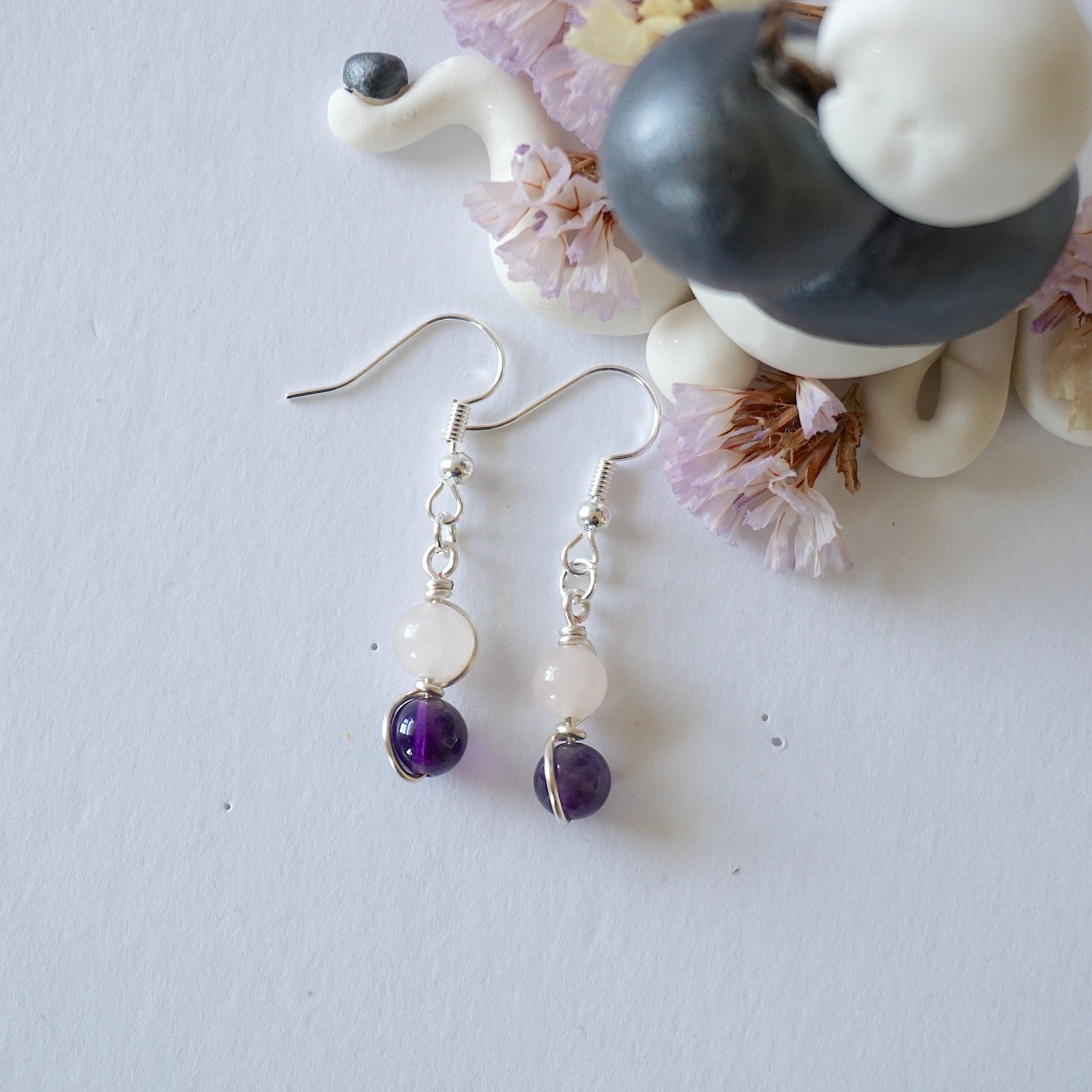 Rose Quartz & Amethyst Drop Earrings - Silver Plated Double Bead Dangle Earrings for Women | Healing Crystal Jewelry, Gift for Her, Birthday, Wedding, Meditation & Spiritual Healing