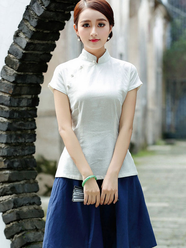 Elegant White Linen Qipao Cheongsam T-Shirt Top for Women - Vintage Chinese Style Summer Blouse for Casual Wear, Date Night & Special Occasions