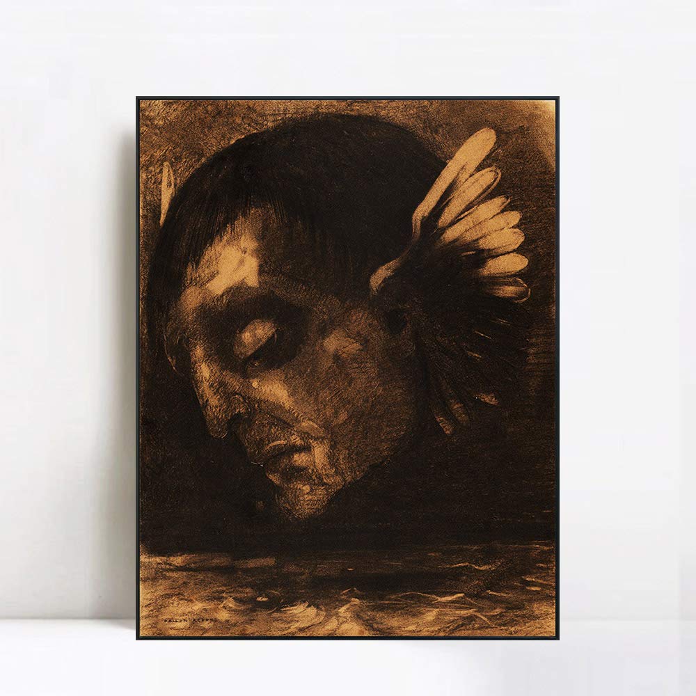 INVIN ART Framed Canvas Giclee Print - Winged Head by Odilon Redon Wall Art - Black Slim Frame 20x24 Inches - Perfect for Living Room, Bedroom & Home Office Decor