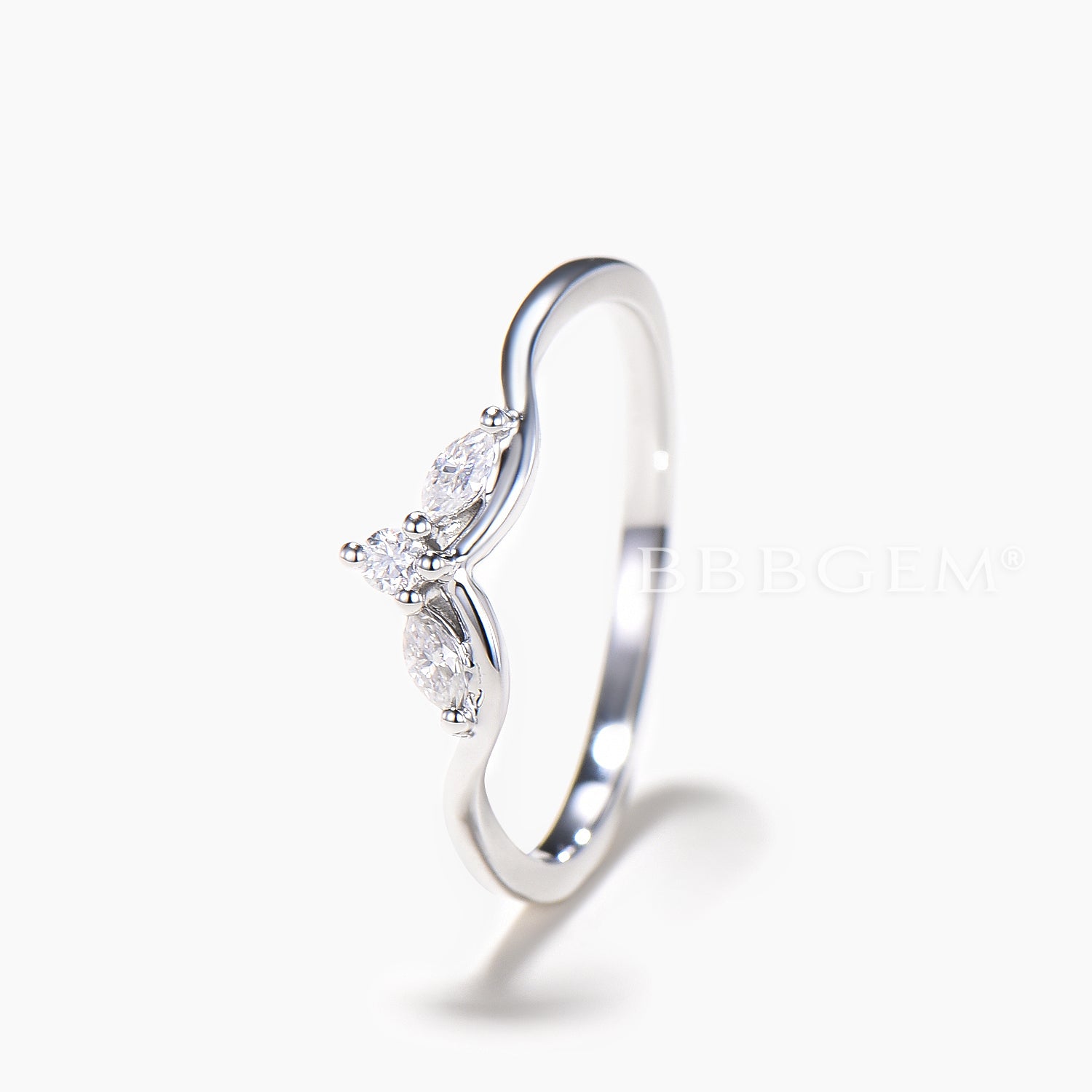 Three Stone Band Mixed Cut Moissanite Diamond Curved White Gold Wedding Ring for Women | Elegant Engagement & Anniversary Jewelry Gift