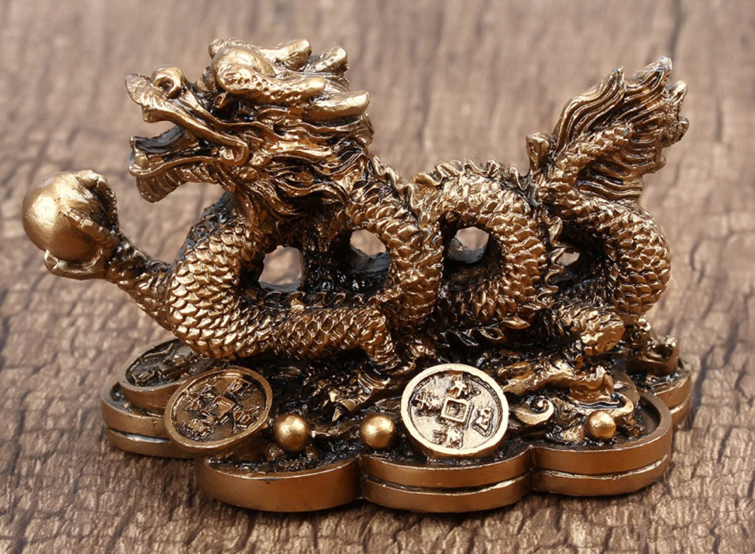 Brass Feng Shui Dragon Money Coins Statue - Wealth & Good Luck Charm for Home Office Decor - Perfect Feng Shui Gift for Prosperity & Success