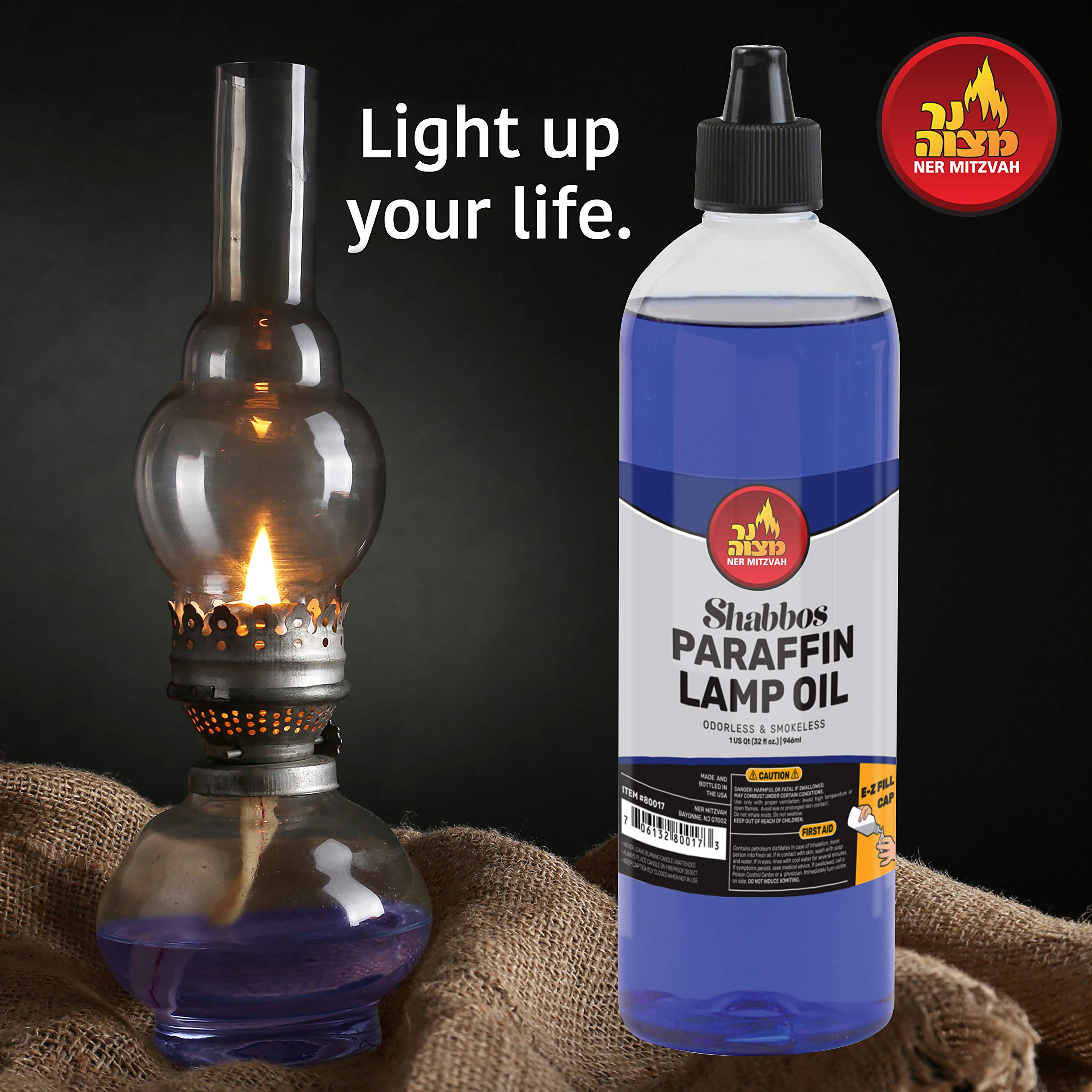 Ner Mitzvah Premium Paraffin Lamp Oil - 32oz Smokeless, Odorless, Clean Burning Fuel for Indoor & Outdoor Use - Easy Fill Cap & Pouring Spout - Perfect for Shabbat Candles, Emergency Lighting & Decorative Lanterns
