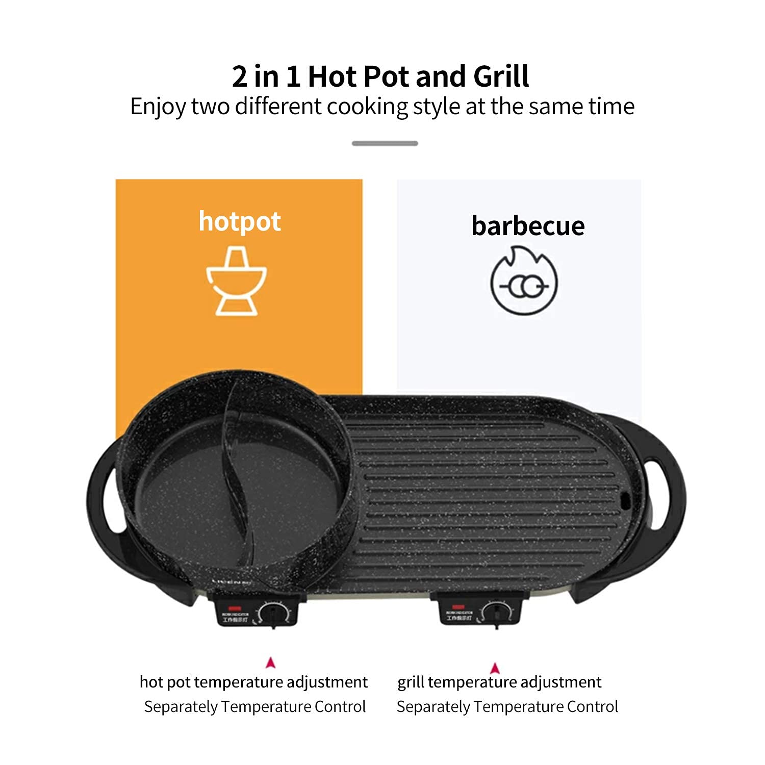 Liven Electric Grill with Hot Pot - Multifunctional Indoor Teppanyaki Grill, Korean BBQ & Shabu Shabu Hot Pot - Dual Temperature Control, 3.6L Large Capacity for 2-10 People (SK-J6868) - Perfect for Family Gatherings, Parties & Indoor Cooking