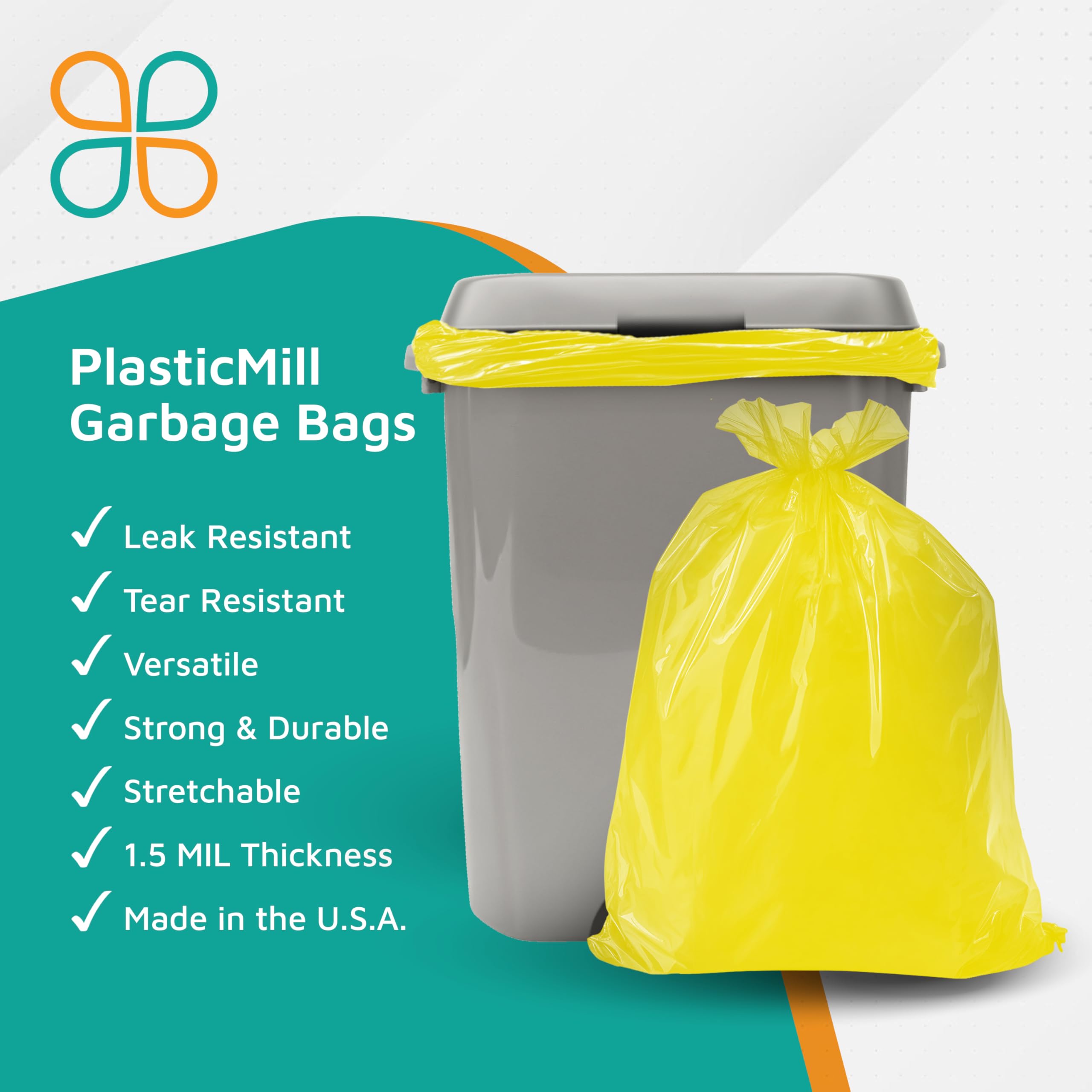 PlasticMill Heavy Duty 33-Gallon Trash Bags - 1.5 Mil Thick Yellow Garbage Bags for Kitchen, Office & Outdoor Use - 33