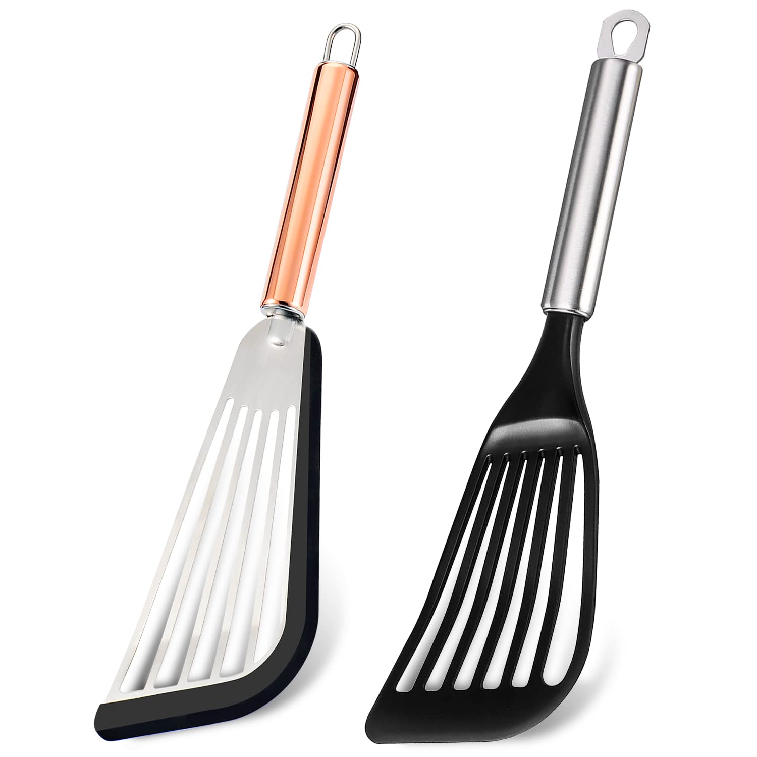 Premium Stainless Steel Kitchen Spatula Set of 2 - Nonstick Silicone Turner with Soft Edge & Slotted Design - Perfect for Flipping Pancakes, Eggs, Fish - Durable Nylon Blade for Non-Scratch Cooking - Ideal for Grilling, Baking & Everyday Cooking