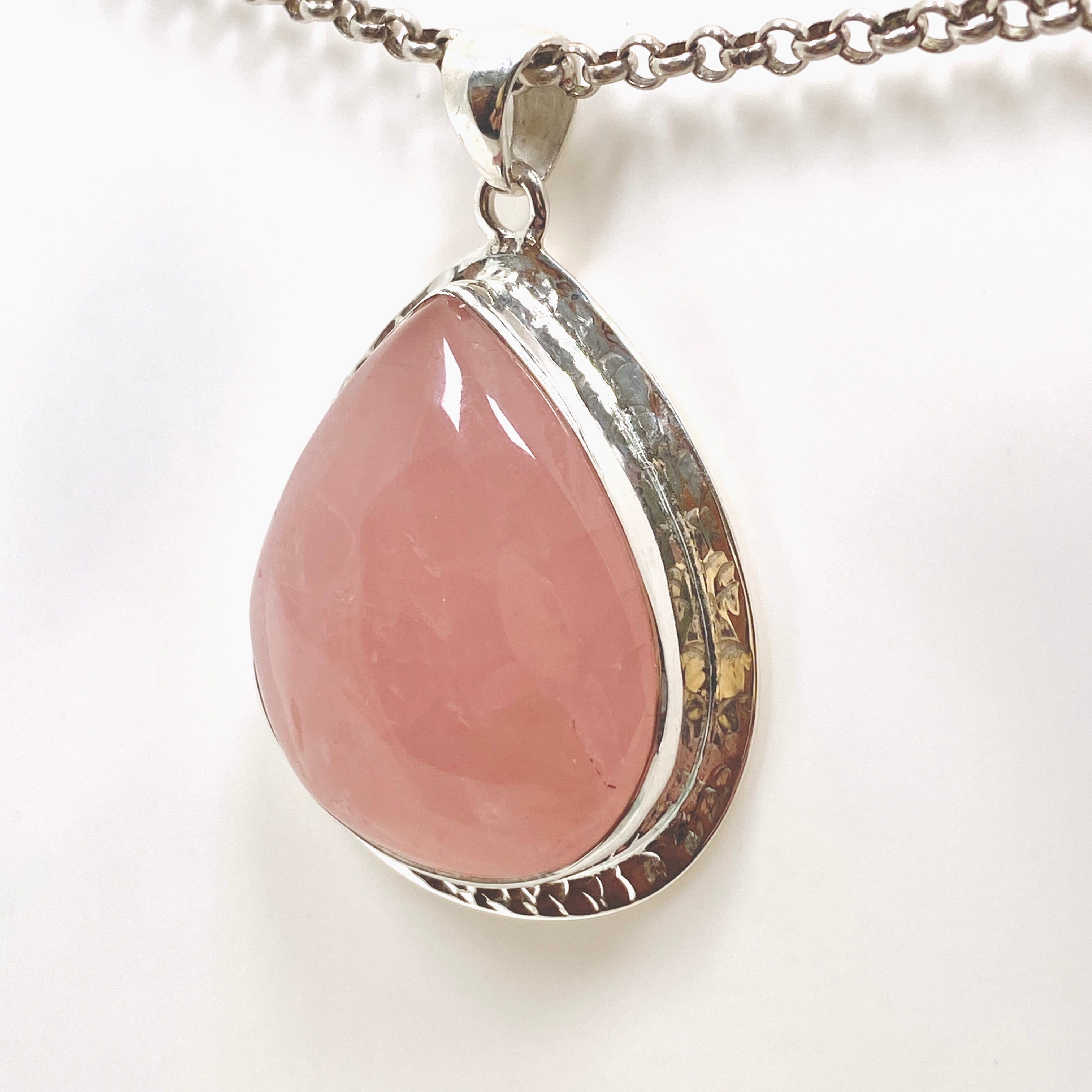 Rose Quartz Teardrop Cabochon Pendant in Hammered Silver Setting KPGJ4688 - Perfect for Meditation, Healing Jewelry & Spiritual Gifts