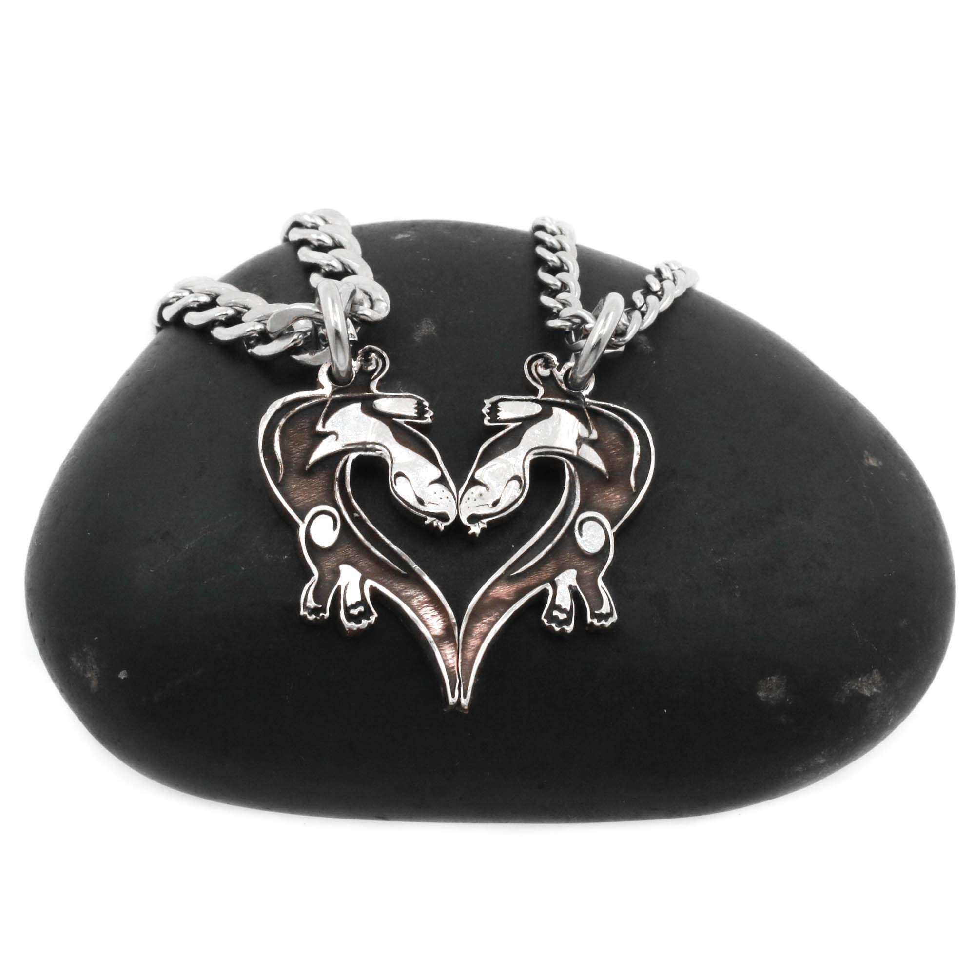 NameCoins Sterling Silver Otter Heart Necklace - Engraved Interlocking Hand-Cut Coin Pendant with Backward Somersault Otters Design - Perfect Gift for Animal Lovers, Couples & Nature Enthusiasts - Ideal for Anniversaries, Valentine's Day & Everyday Wear