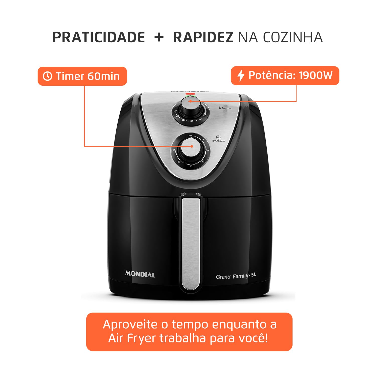 Mondial AFN-50-BI 5L Air Fryer - Oil Free Fryer, 1900W, 110V, Black/Stainless Steel - Perfect for Healthy Cooking, Crispy Snacks & Family Meals