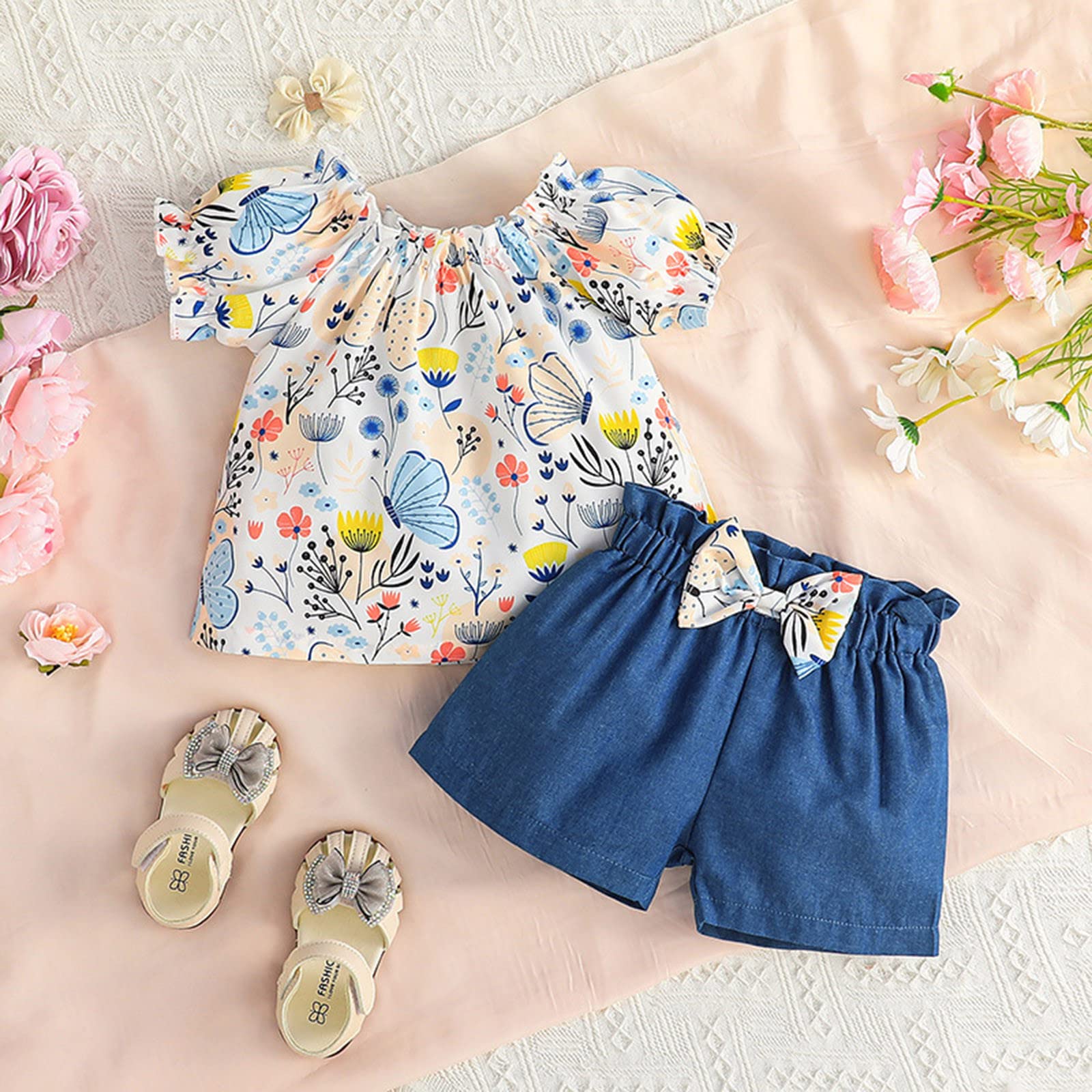 TBUIALL Toddler Girls Summer Outfits - Floral Embroidery Fly Sleeve Top & Shorts 2-Piece Set (Blue, 18-24 Months) | Cute Playwear for Shy Girls, Beach & Park Outfits