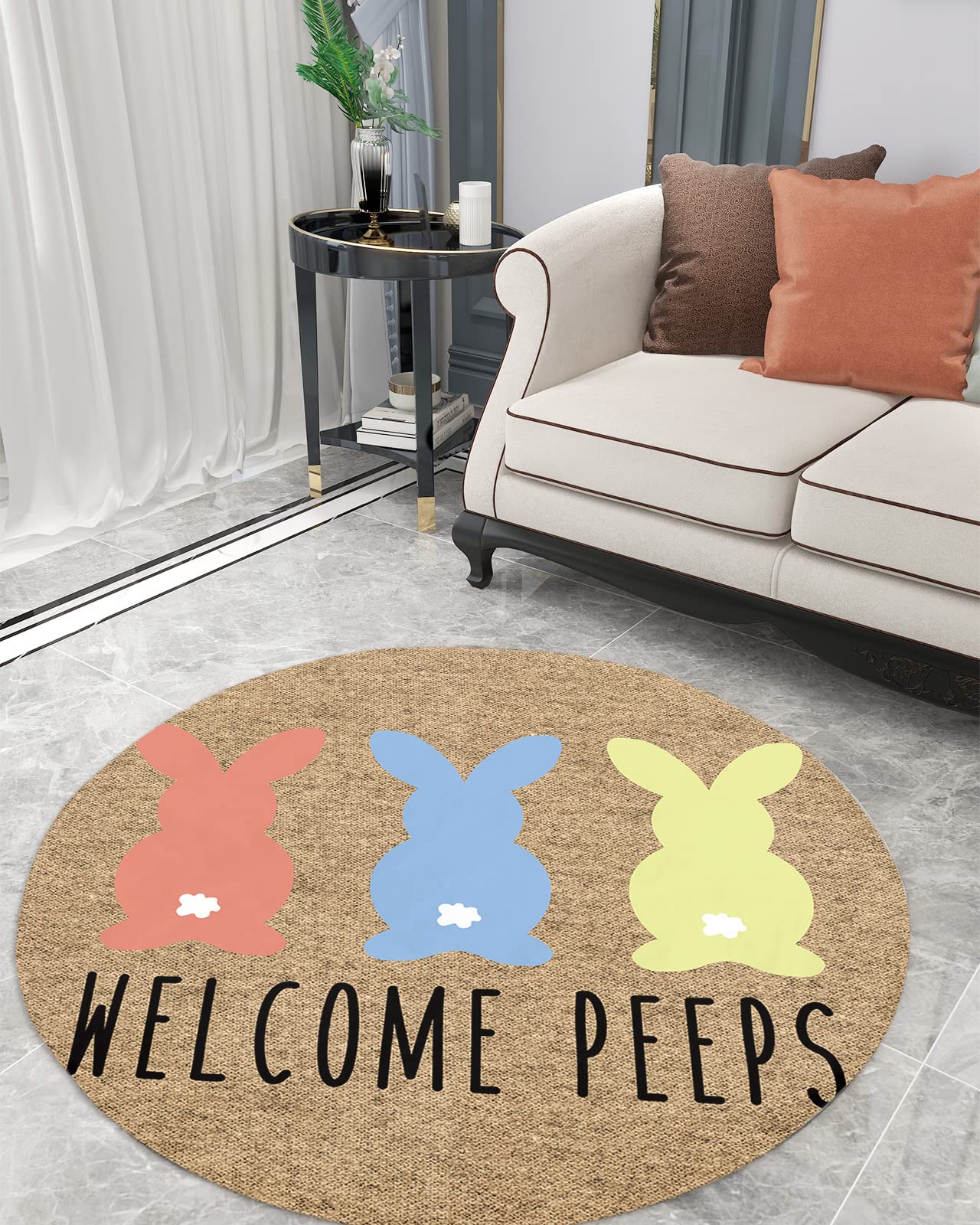 Soft Fluffy Shaggy Round Area Rug - Non-Slip Fuzzy Carpet for Bedroom, Living Room & Nursery Decor in Red, Blue, Yellow Easter Bunny Design | Perfect for Easter Decorations, Cozy Home Accents & Kids Play Areas