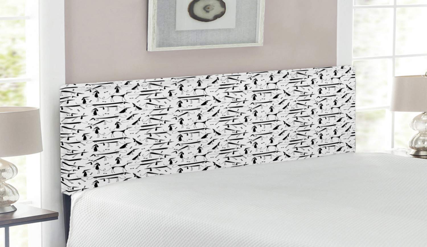 Ambesonne Dachshund Dog Headboard - Black & White Monochrome Animal Silhouette Design with Abstract Cartoon Bones Pattern | Upholstered Metal Bed Headboard with Memory Foam | Queen Size Pet Lover Bedroom Decor | Perfect for Dog-Themed Bedrooms & Animal Lovers' Home Decor