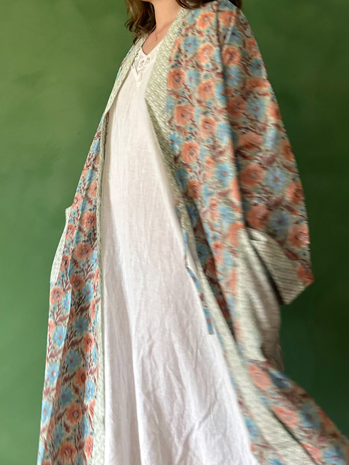 Handmade Block Print Cotton Robe in Duck Egg Blue - Soft & Breathable Loungewear for Spa Days & Relaxation at Home