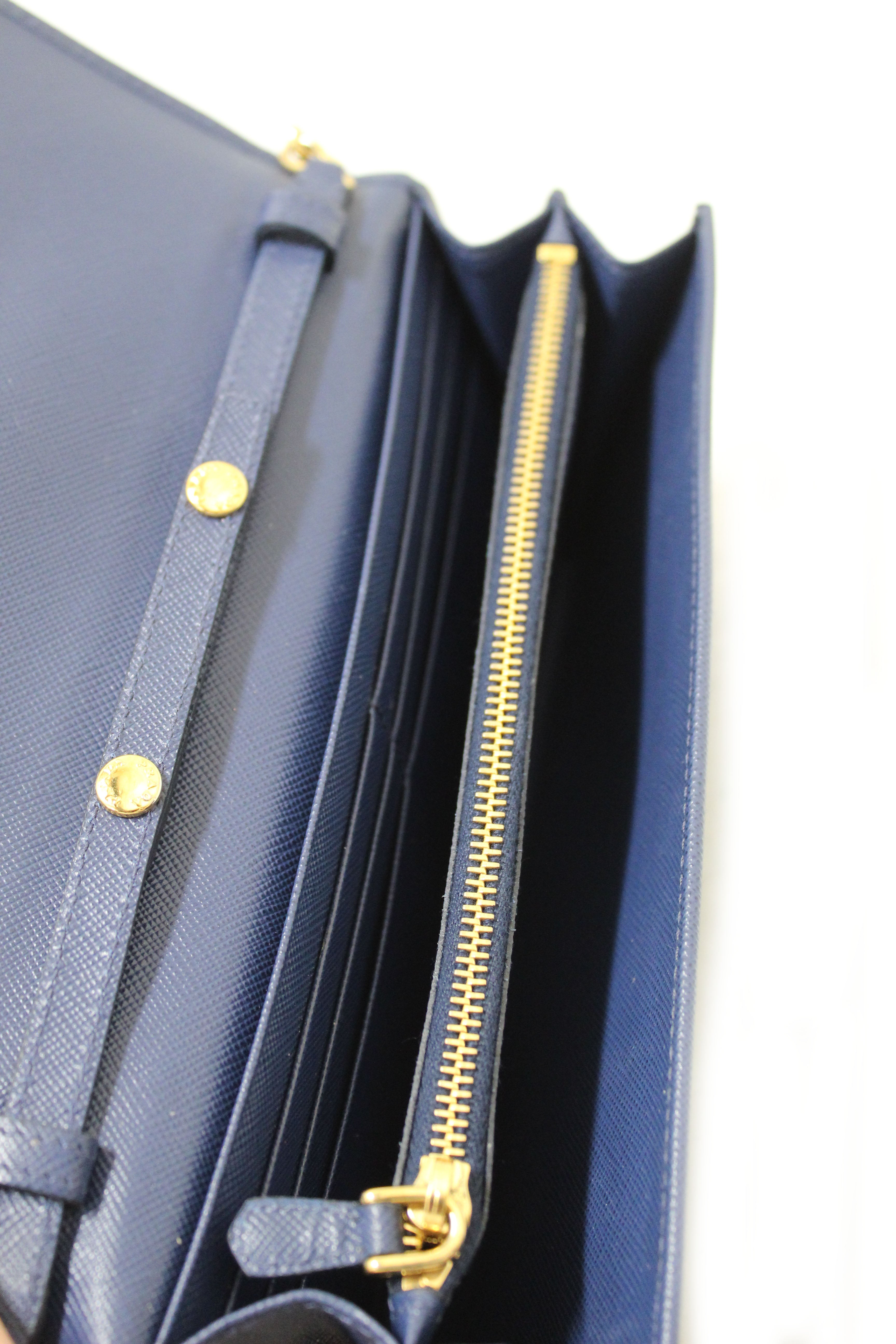 Authentic Prada Blue Saffiano Leather Wallet With Chain - Luxury Women's Designer Wallet for Everyday Use & Special Occasions