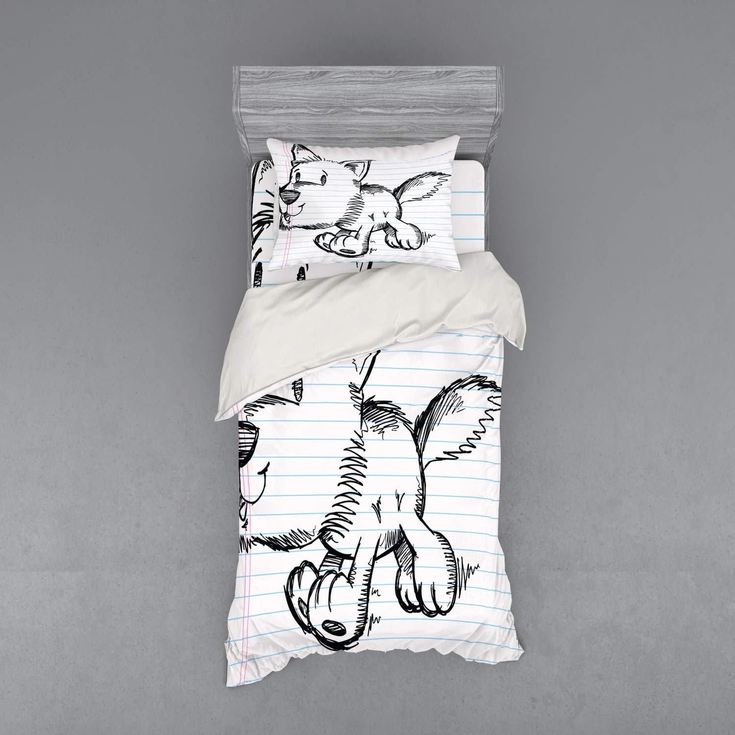 Ambesonne Cartoon Dog Bedding Set - 3 Piece Duvet Cover with Sham & Fitted Sheet, Twin Size, Black Pale Blue Pink - Running Puppy Dog Notebook Scribble Art Design - Perfect for Kids' Rooms, Dorm Decor & Pet Lover Gifts