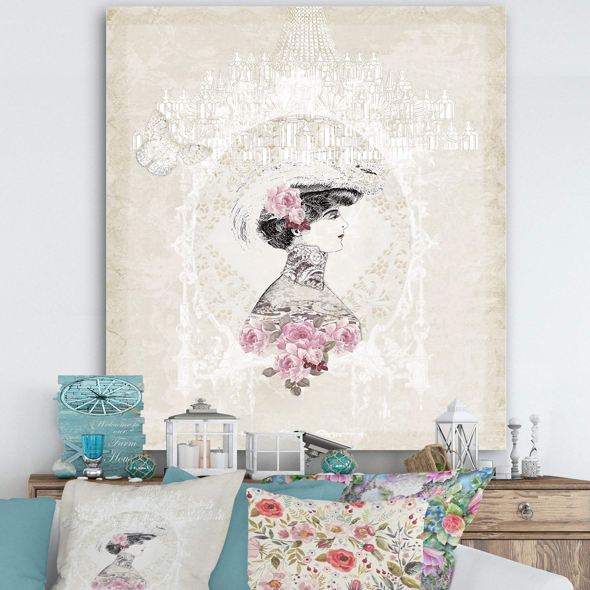Designart 'Woman on Pink Roses with White Chandelier' Premium Canvas Wall Art - 36x46 Inches - Cottage Style Home Decor for Living Room, Bedroom & Office